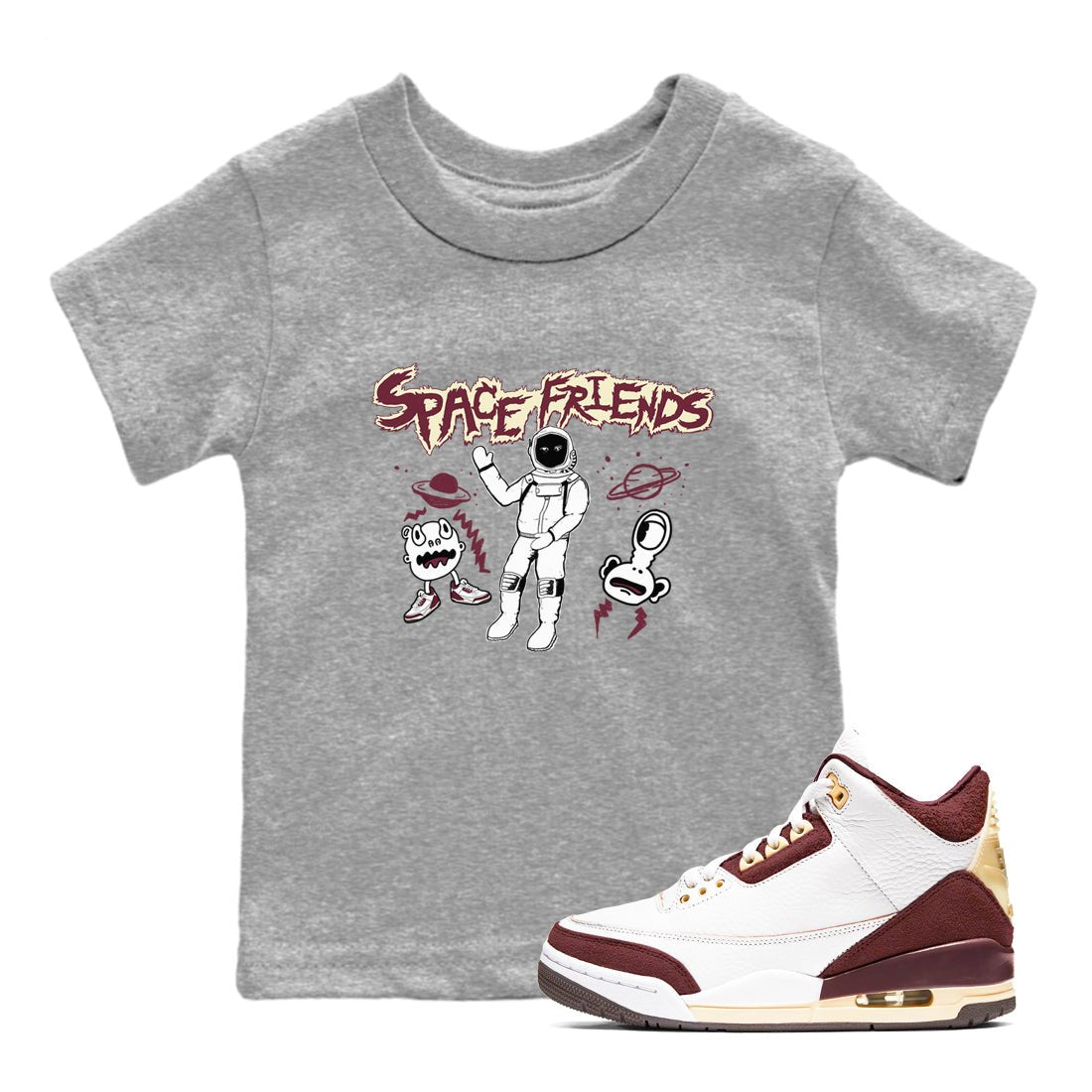 AJ3 A Ma Maniere x Burgundy Crush shirts to match jordans Space Friends sneaker match tees A Ma Maniére x Air Jordan 3 "Burgundy Crush" SNRT Sneaker Tees streetwear brand Baby and Youth Heather Grey 1 cotton tee