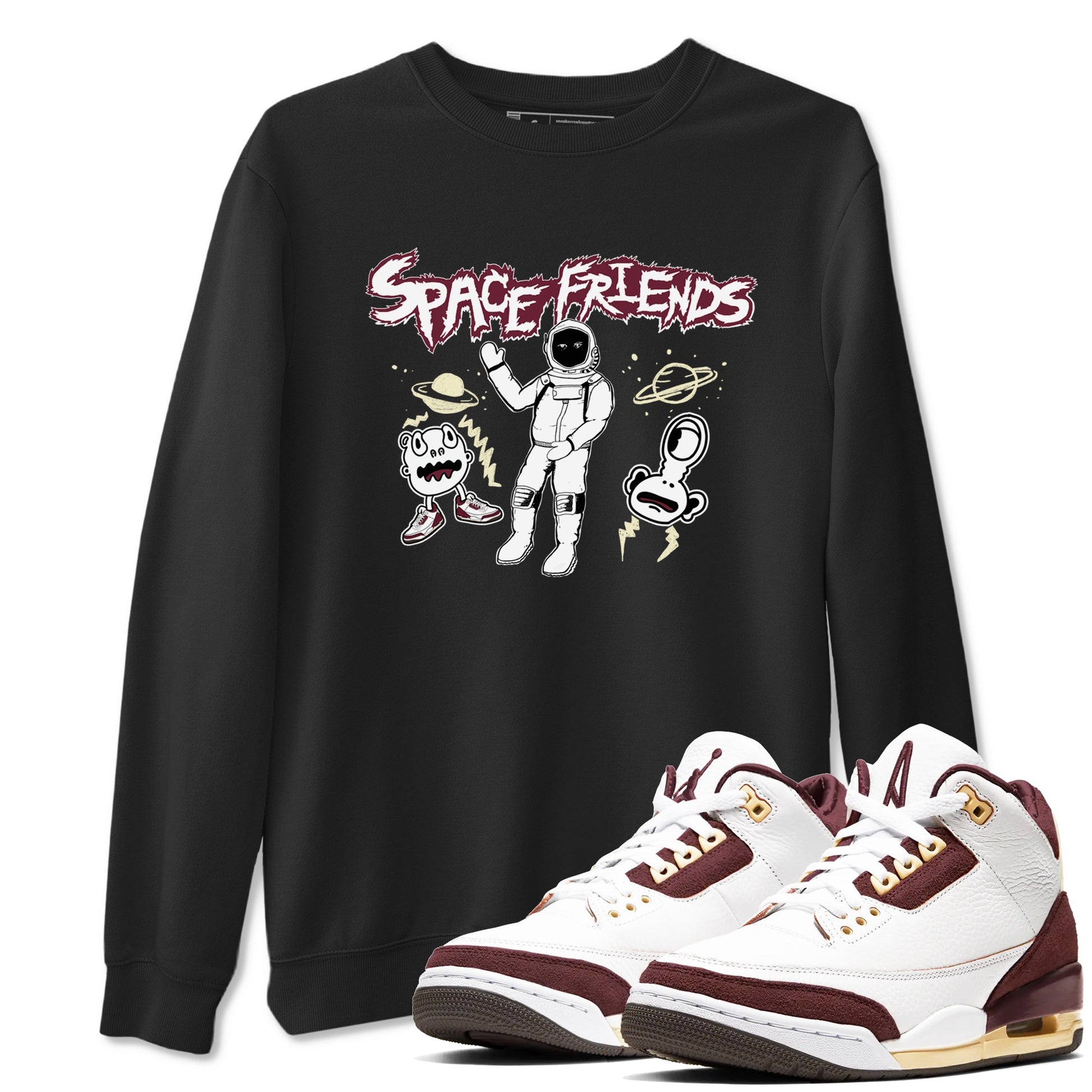 AJ3 A Ma Maniere x Burgundy Crush shirts to match jordans Space Friends sneaker match tees A Ma Maniére x Air Jordan 3 "Burgundy Crush" SNRT Sneaker Tees streetwear brand Black 1 unisex cotton tee
