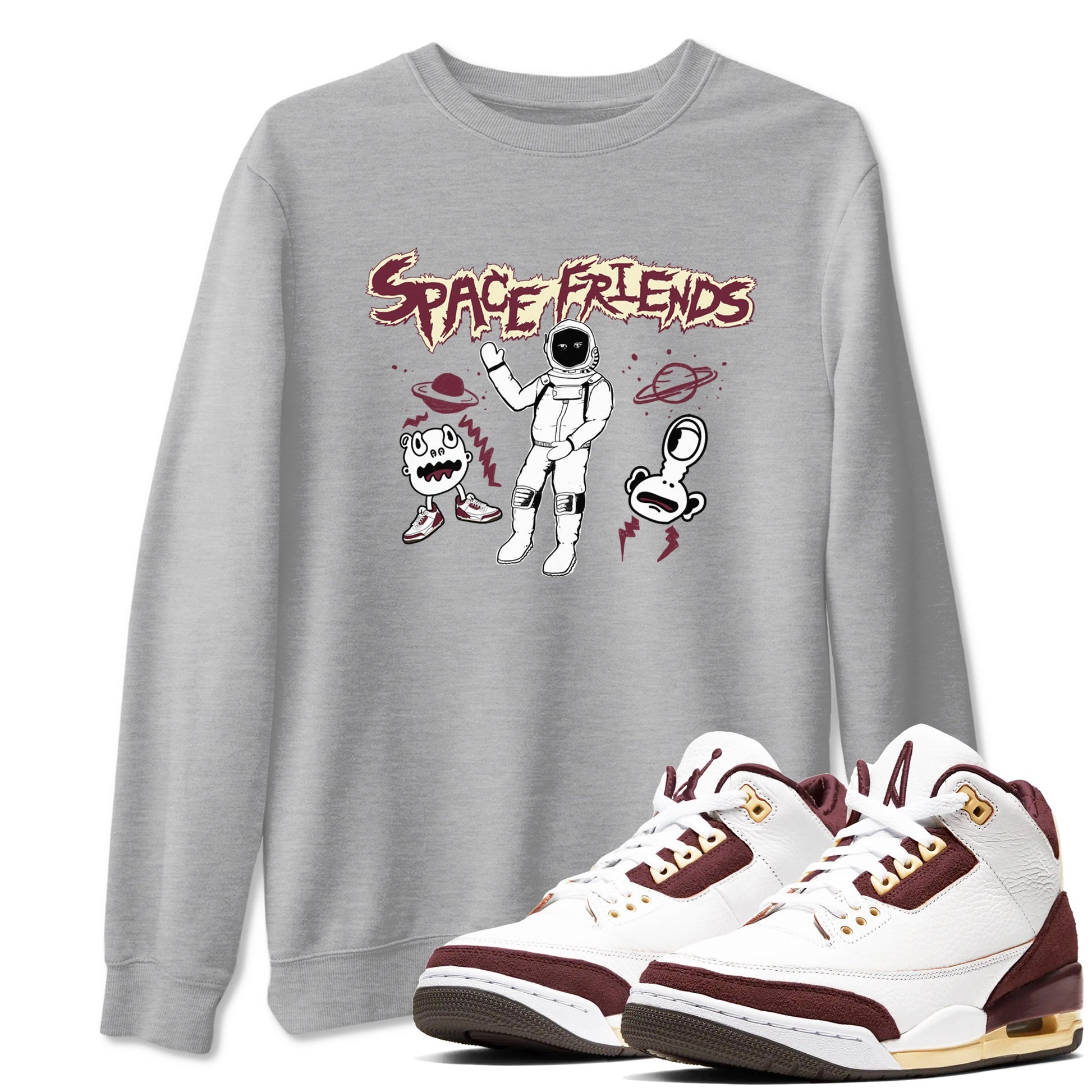 AJ3 A Ma Maniere x Burgundy Crush shirts to match jordans Space Friends sneaker match tees A Ma Maniére x Air Jordan 3 "Burgundy Crush" SNRT Sneaker Tees streetwear brand Heather Grey 1 unisex cotton tee