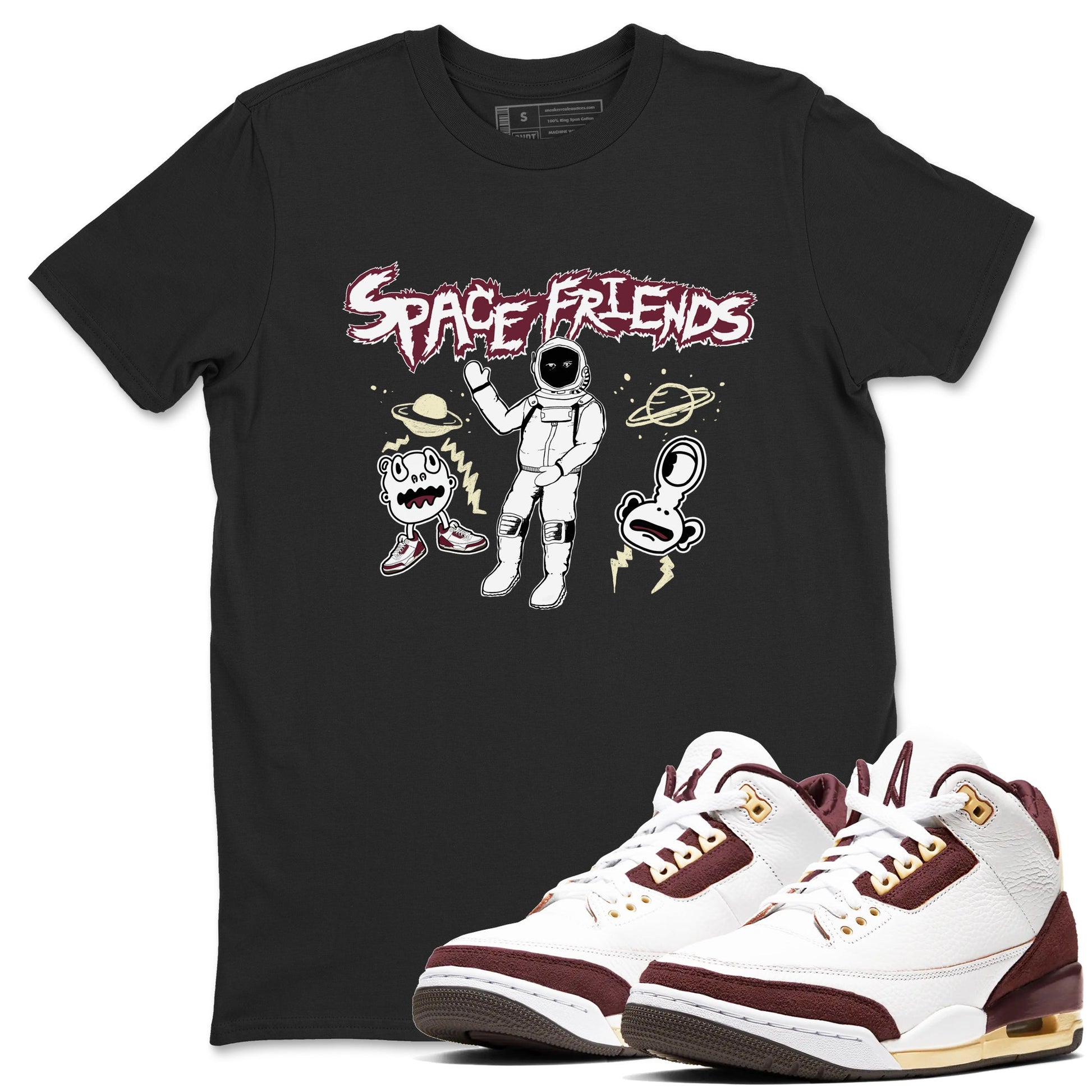 AJ3 A Ma Maniere x Burgundy Crush shirts to match jordans Space Friends sneaker match tees A Ma Maniére x Air Jordan 3 "Burgundy Crush" SNRT Sneaker Tees streetwear brand Black 1 unisex cotton tee
