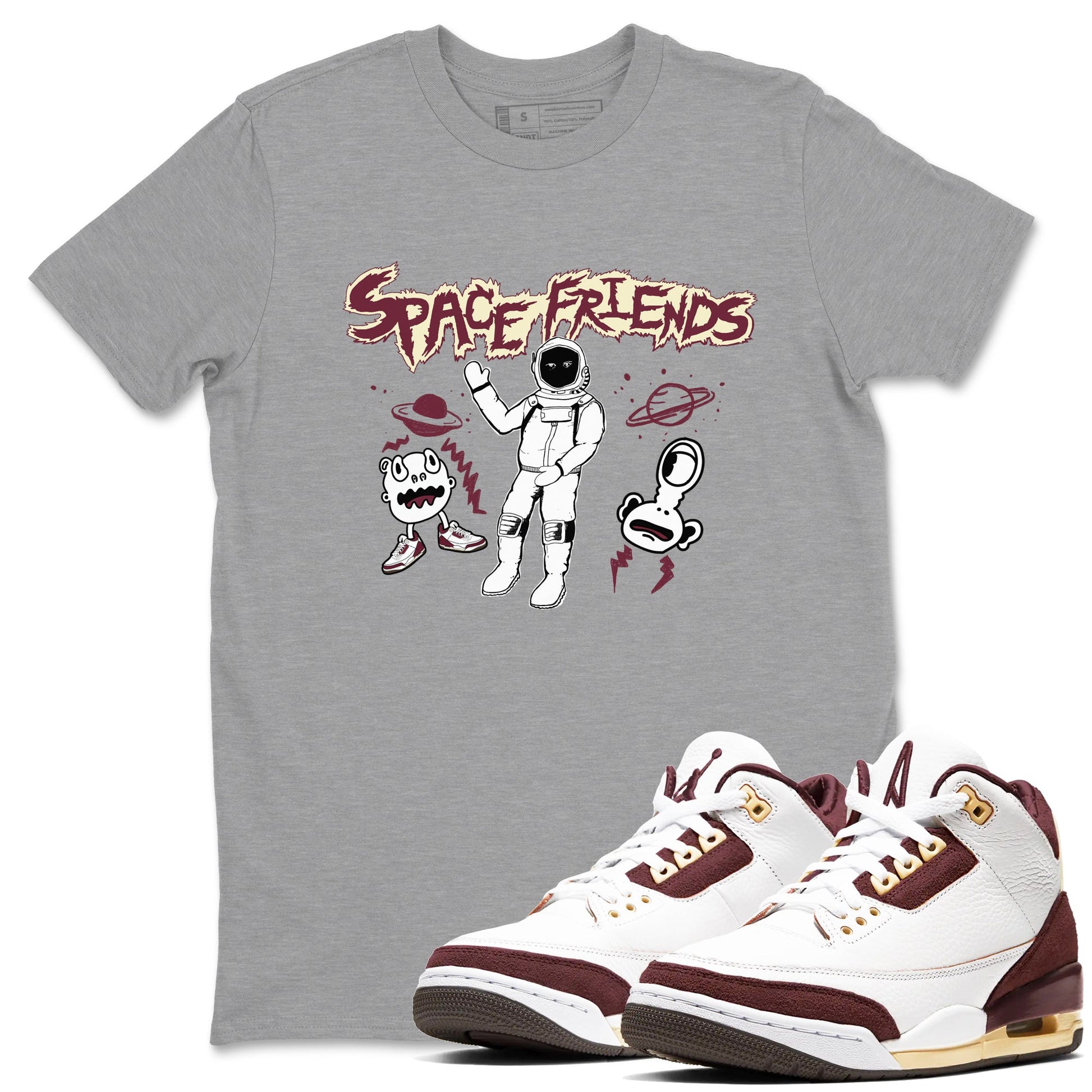 AJ3 A Ma Maniere x Burgundy Crush shirts to match jordans Space Friends sneaker match tees A Ma Maniére x Air Jordan 3 "Burgundy Crush" SNRT Sneaker Tees streetwear brand Heather Grey 1 unisex cotton tee