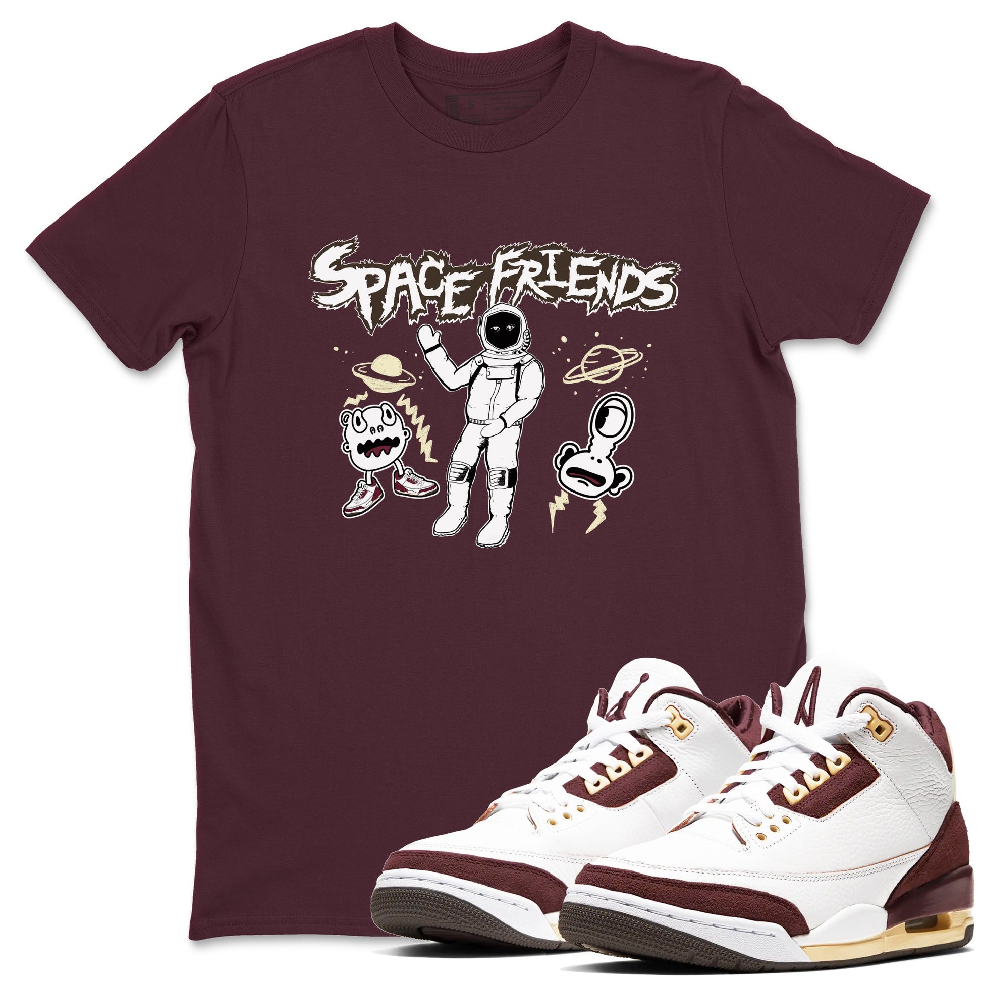 AJ3 A Ma Maniere x Burgundy Crush shirts to match jordans Space Friends sneaker match tees A Ma Maniére x Air Jordan 3 "Burgundy Crush" SNRT Sneaker Tees streetwear brand Maroon 1 unisex cotton tee