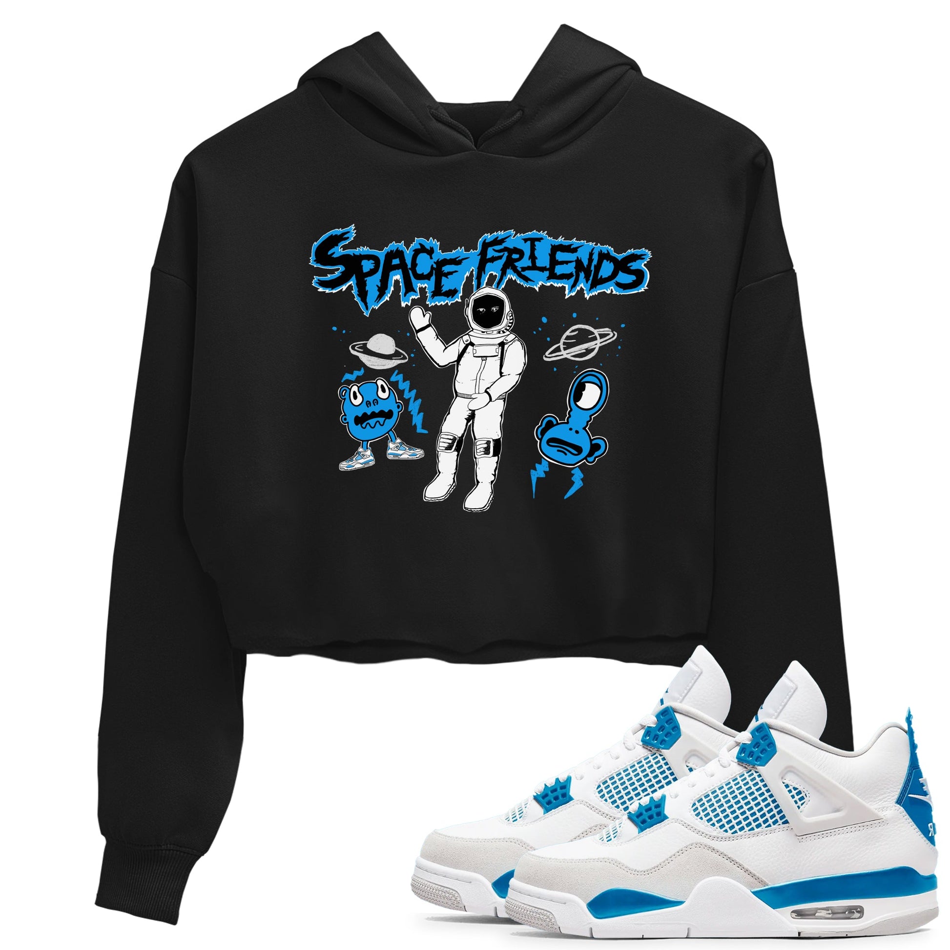 4s Military Blue shirt to match jordans Space Friends sneaker tees Air Jordan 4 Military Blue Streetwear Brand Streetwear Brand SNRT Sneaker Release Tees Black 1 crop length shirt