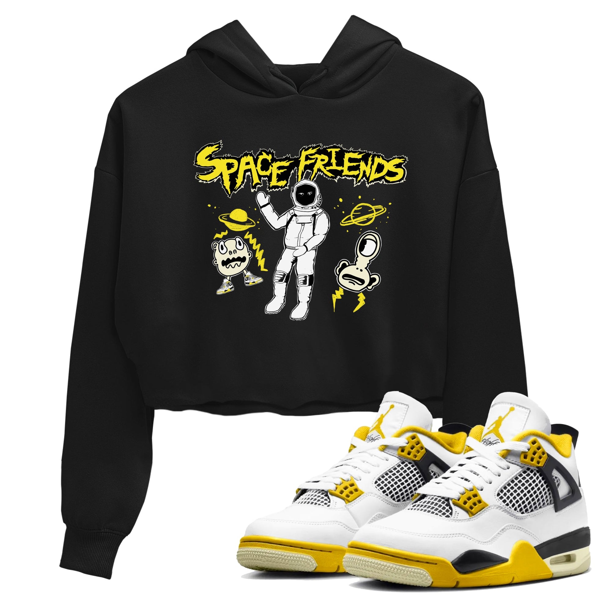 4s Vivid Sulfur shirt to match jordans Space Friends sneaker tees Air Jordan 4 Vivid Sulfur Streetwear Brand Streetwear Brand SNRT Sneaker Release Tees Black 1 crop length shirt