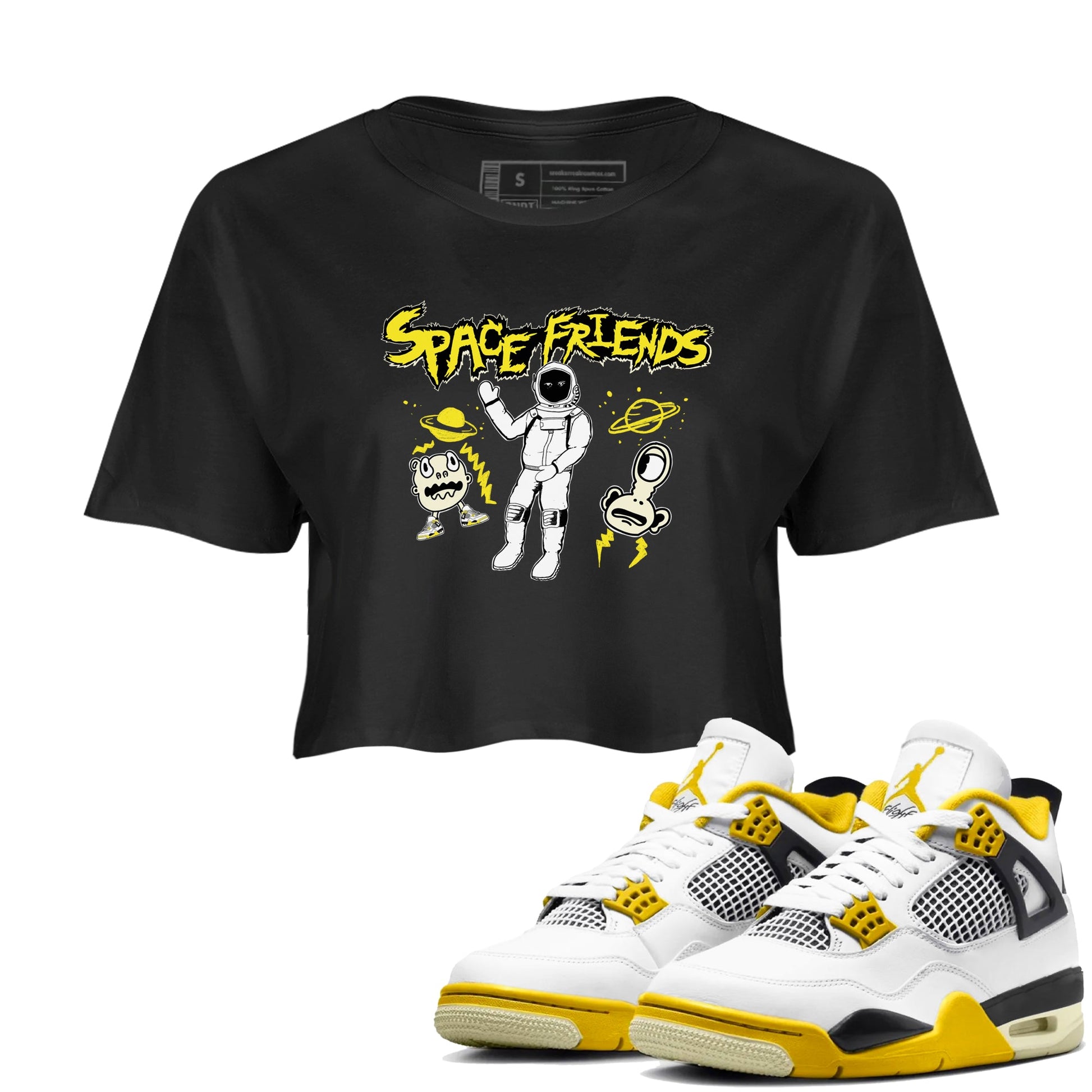 4s Vivid Sulfur shirt to match jordans Space Friends sneaker tees Air Jordan 4 Vivid Sulfur Streetwear Brand Streetwear Brand SNRT Sneaker Release Tees Black 1 crop length shirt
