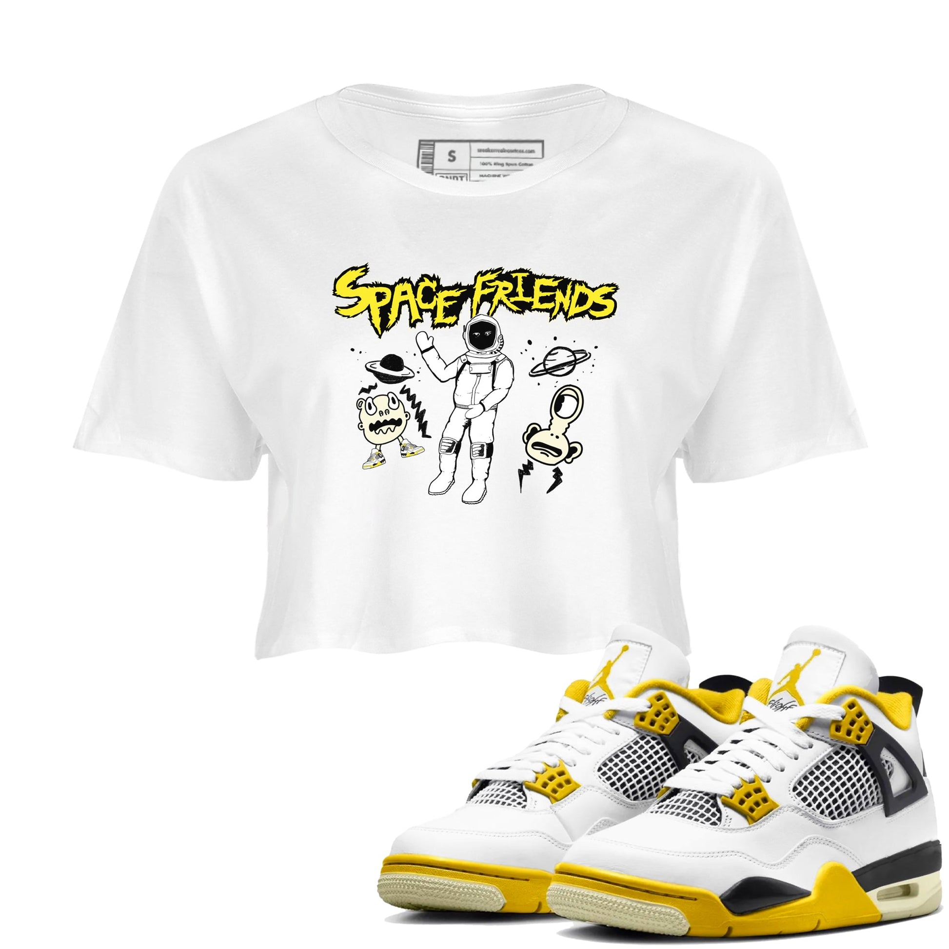 4s Vivid Sulfur shirt to match jordans Space Friends sneaker tees AJ4 Vivid Sulfur Streetwear Brand SNRT Sneaker Tees White 1 crop length shirt