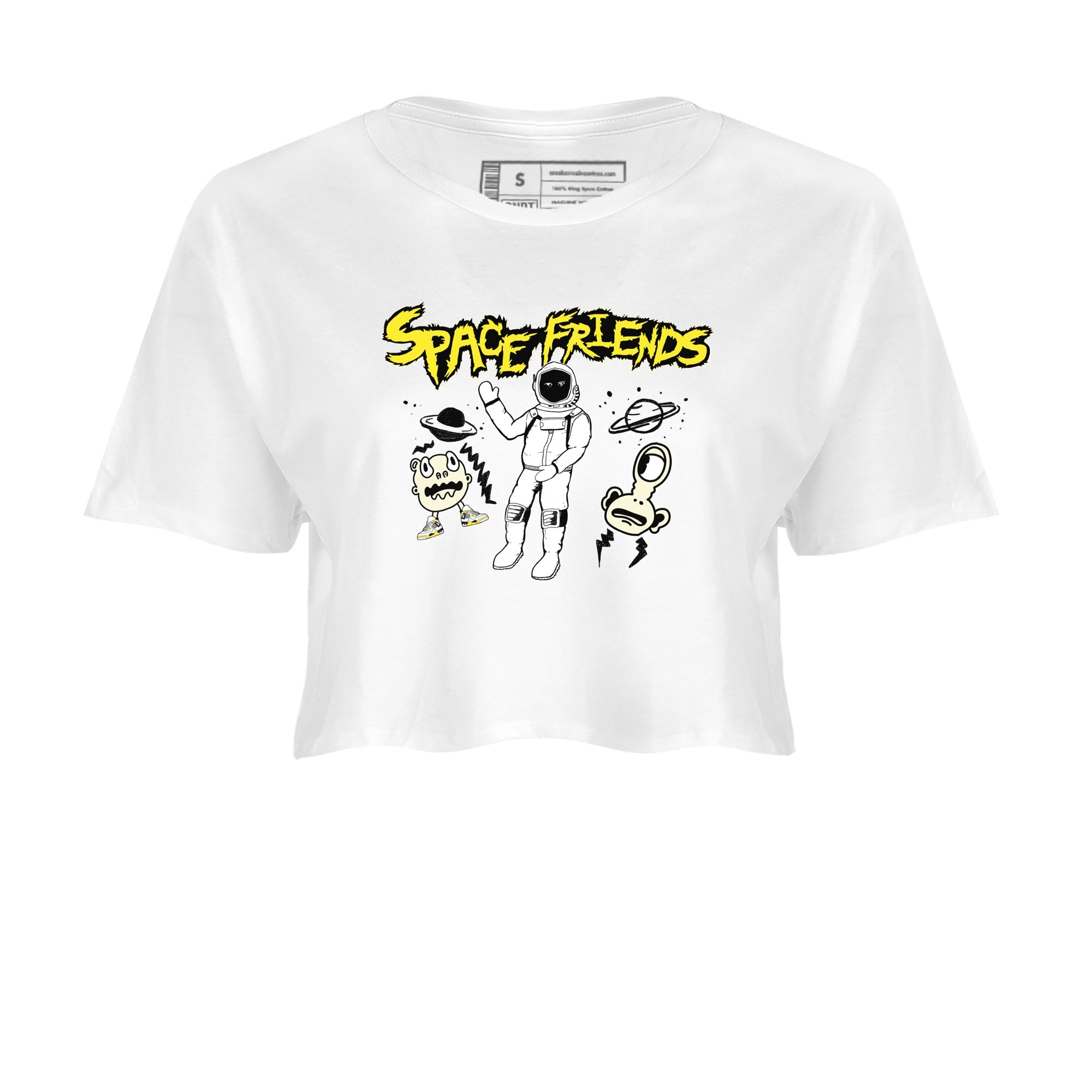 4s Vivid Sulfur shirt to match jordans Space Friends sneaker tees AJ4 Vivid Sulfur Streetwear Brand SNRT Sneaker Tees White 2 crop length shirt