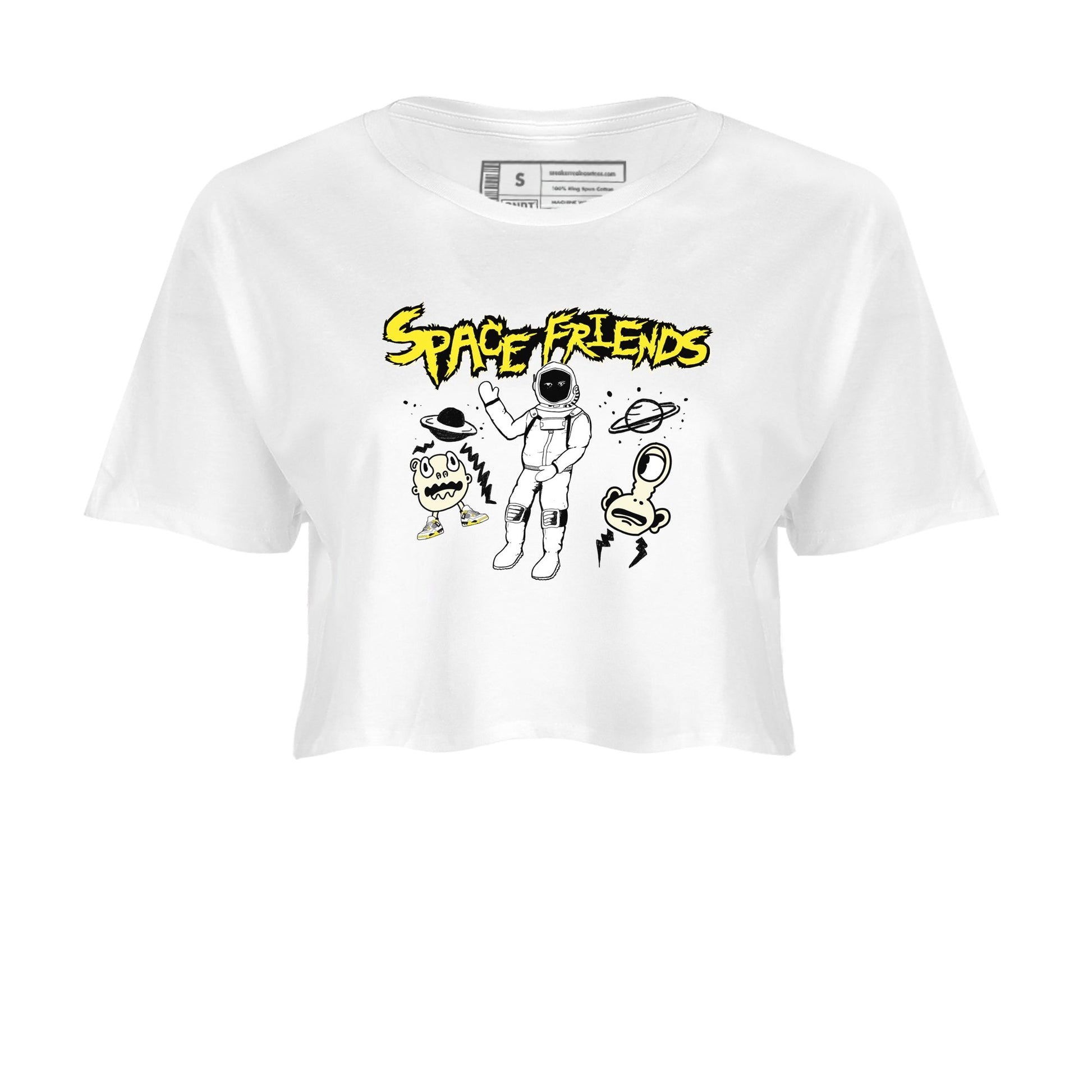 4s Vivid Sulfur shirt to match jordans Space Friends sneaker tees AJ4 Vivid Sulfur Streetwear Brand SNRT Sneaker Tees White 2 crop length shirt