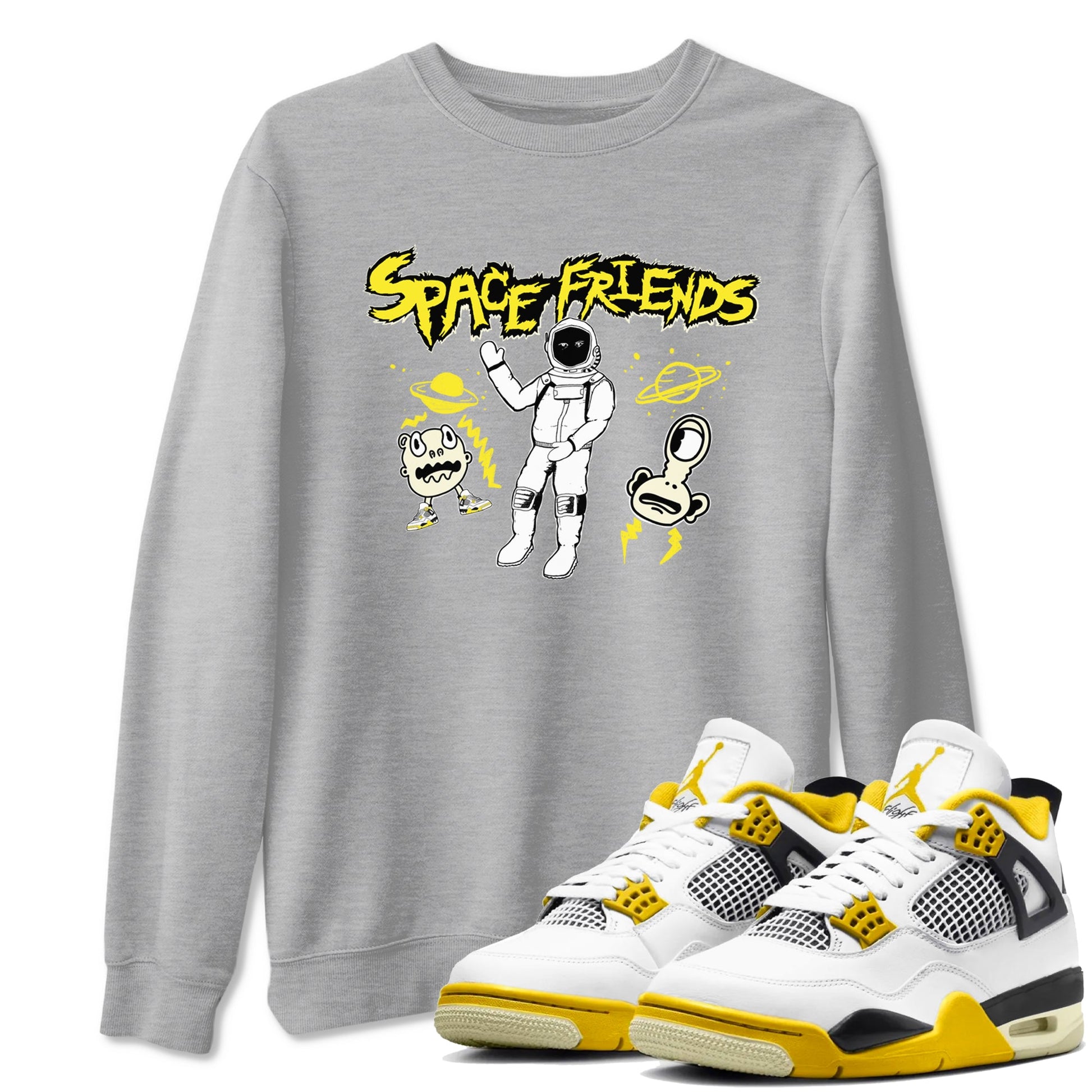 4s Vivid Sulfur shirt to match jordans Space Friends sneaker tees AJ4 Vivid Sulfur Streetwear Brand SNRT Sneaker Tees unisex cotton Heather Grey 1 crew neck shirt