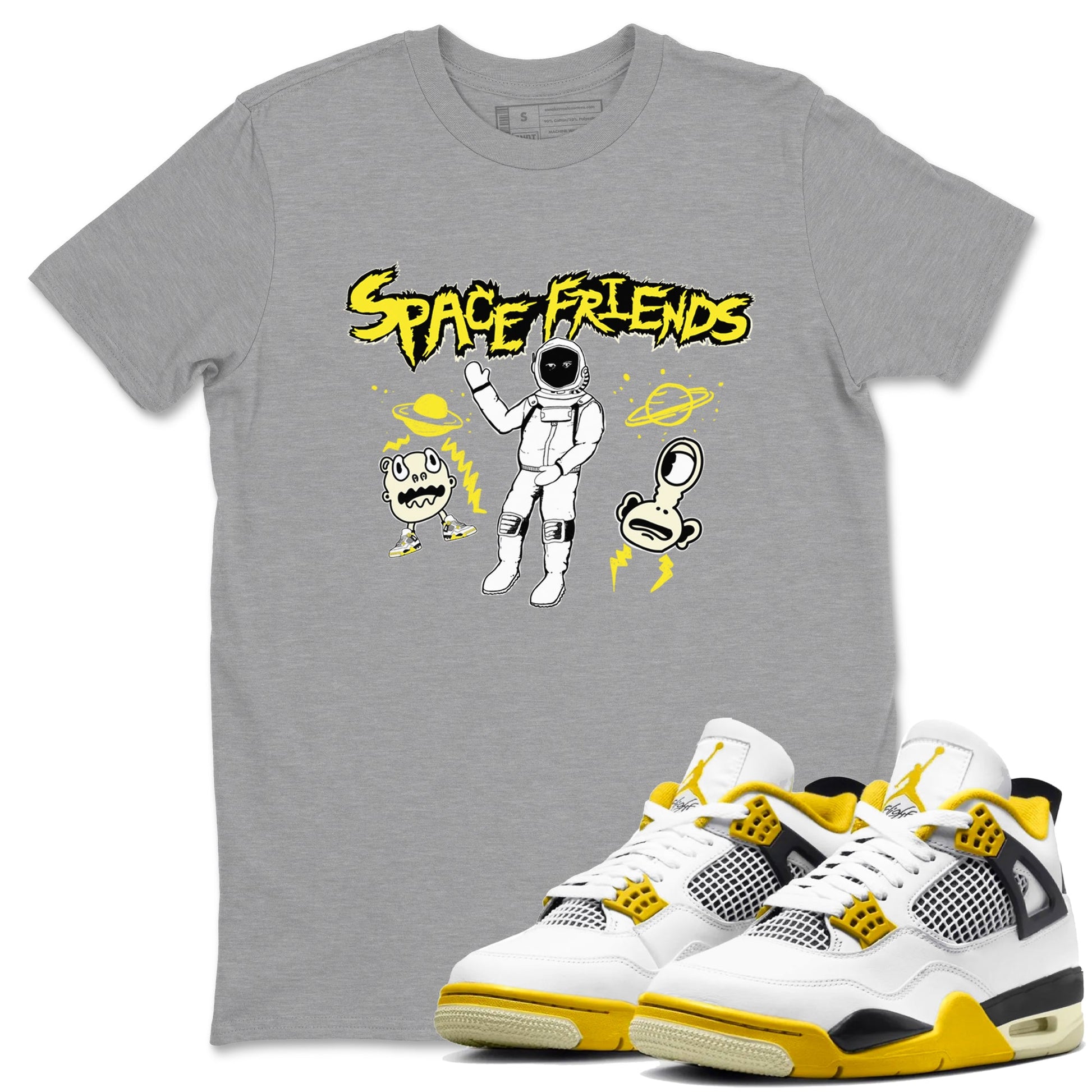 4s Vivid Sulfur shirt to match jordans Space Friends sneaker tees AJ4 Vivid Sulfur Streetwear Brand SNRT Sneaker Tees unisex cotton Heather Grey 1 crew neck shirt