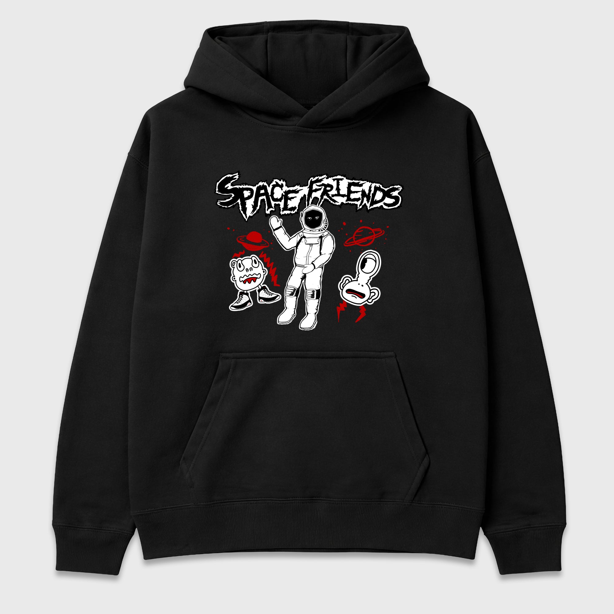 Space Friends Graphic T-Shirt featuring original streetwear artwork designed to match the Air Jordan 9 True Red. Black 2 Graphic Tee.