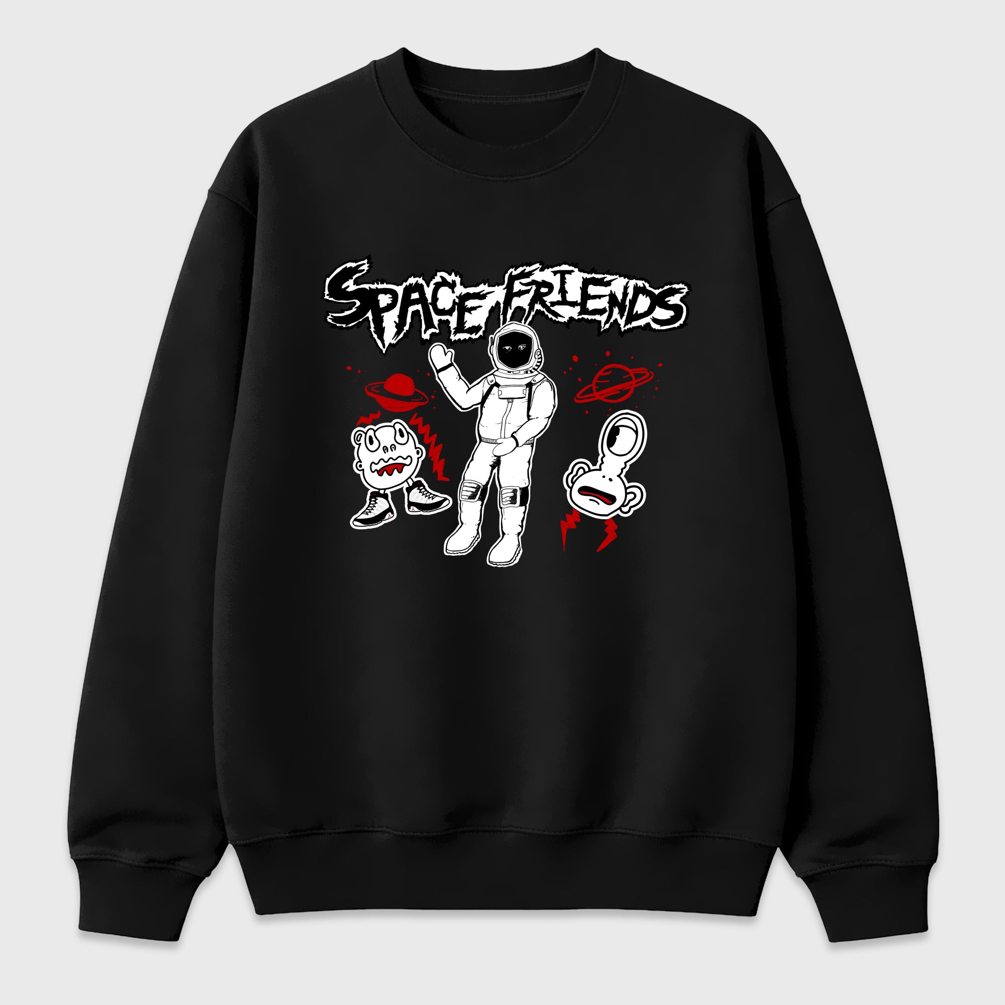 Space Friends Graphic T-Shirt featuring original streetwear artwork designed to match the Air Jordan 9 True Red. Black 2 Graphic Tee.