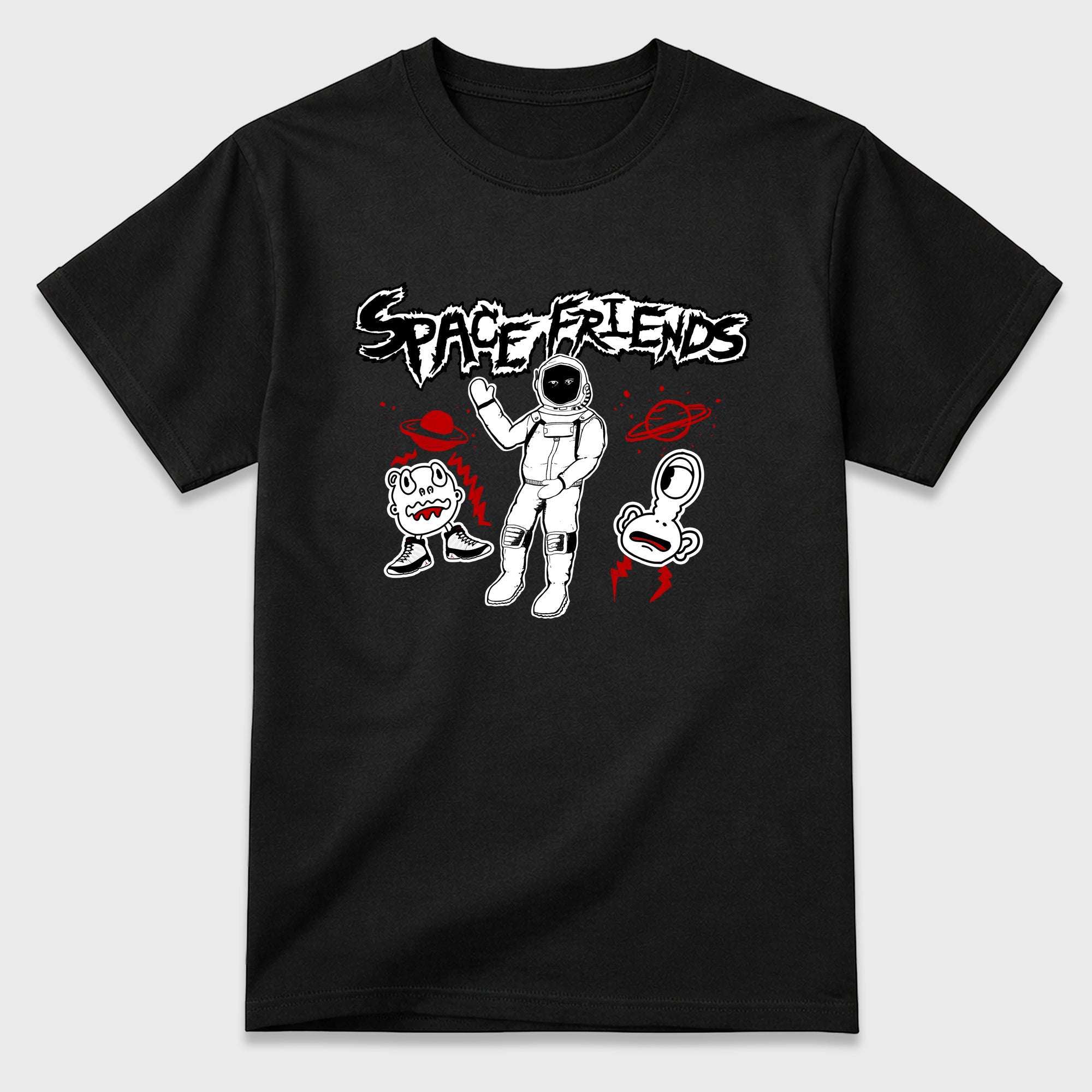 Space Friends Graphic T-Shirt featuring original streetwear artwork designed to match the Air Jordan 9 True Red. Black 2 Graphic T-Shirt.