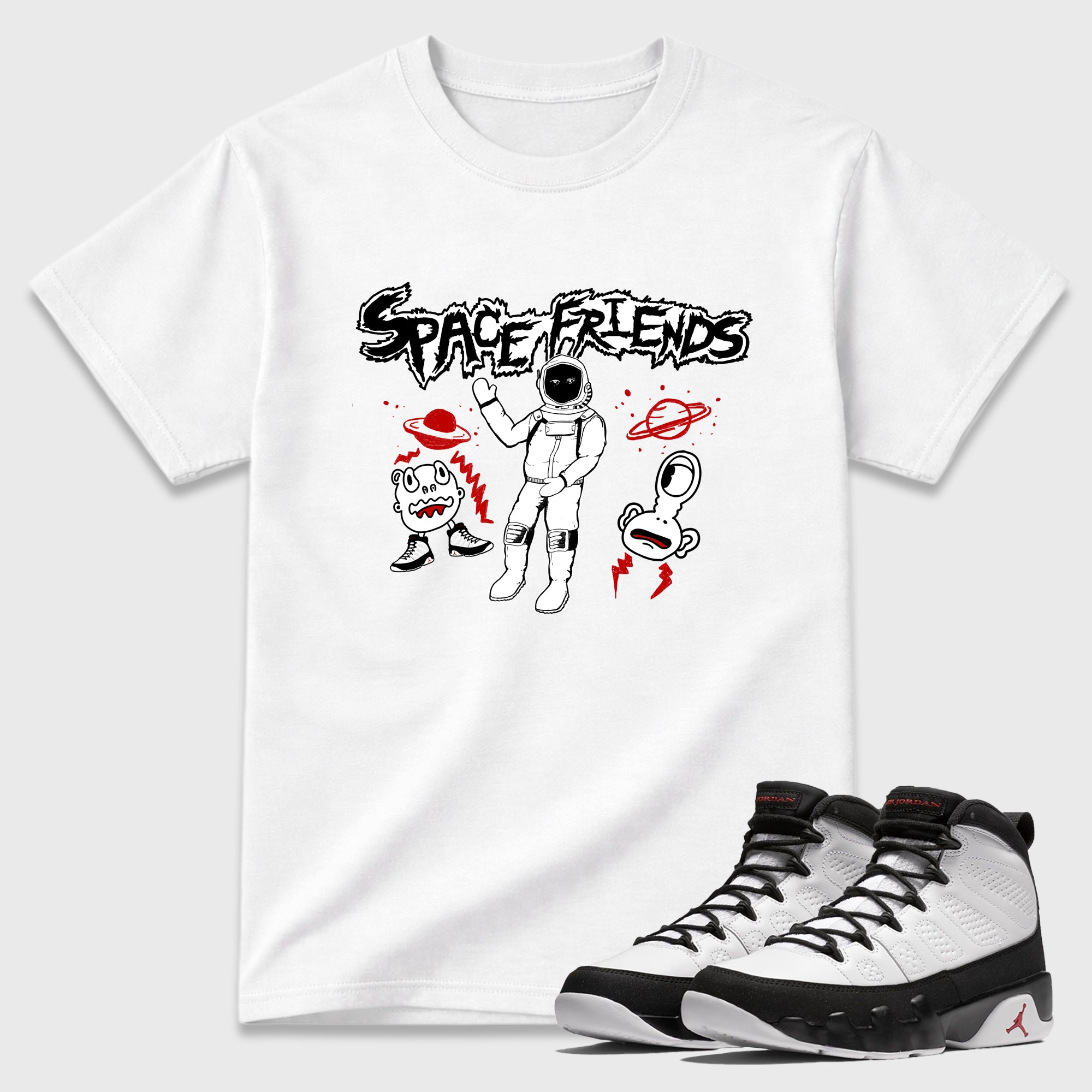 Space Friends Graphic T-Shirt featuring original streetwear artwork designed to match the Air Jordan 9 True Red. White 1 Graphic T-Shirt.