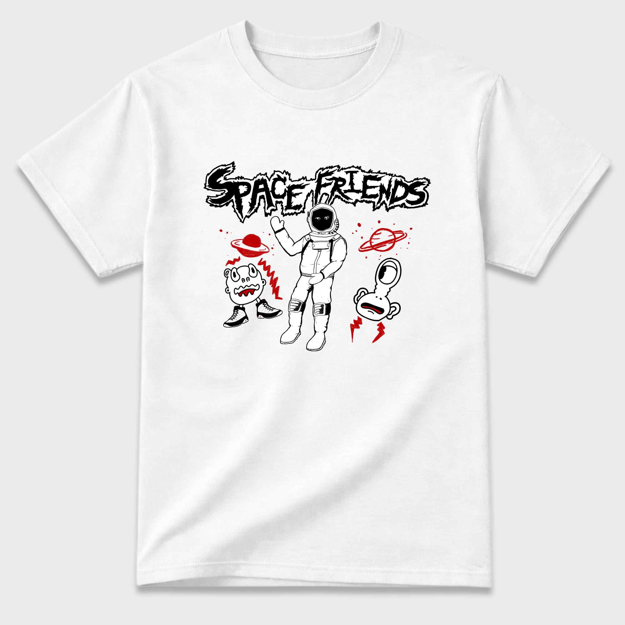 Space Friends Graphic T-Shirt featuring original streetwear artwork designed to match the Air Jordan 9 True Red. White 2 Graphic T-Shirt.