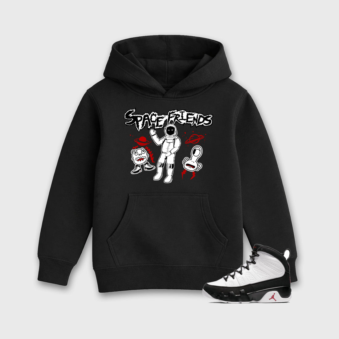 Space Friends Baby & Kids Graphic Hoodie featuring original artwork designed to match the Air Jordan 9 True Red. Black 1 Kids Graphic Sweater.