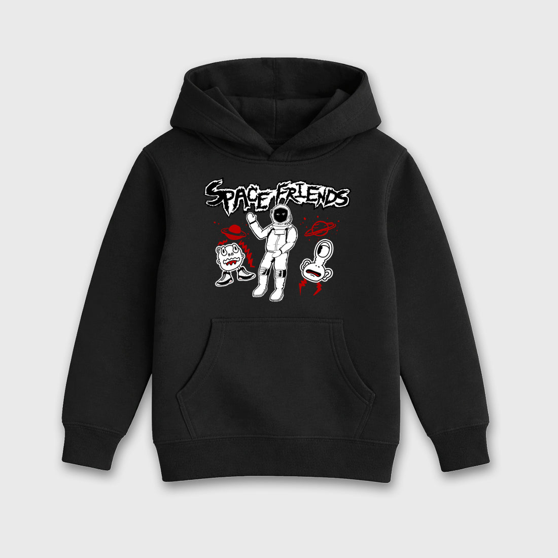 Space Friends Baby & Kids Graphic Hoodie featuring original artwork designed to match the Air Jordan 9 True Red. Black 2 Kids Graphic Sweater.
