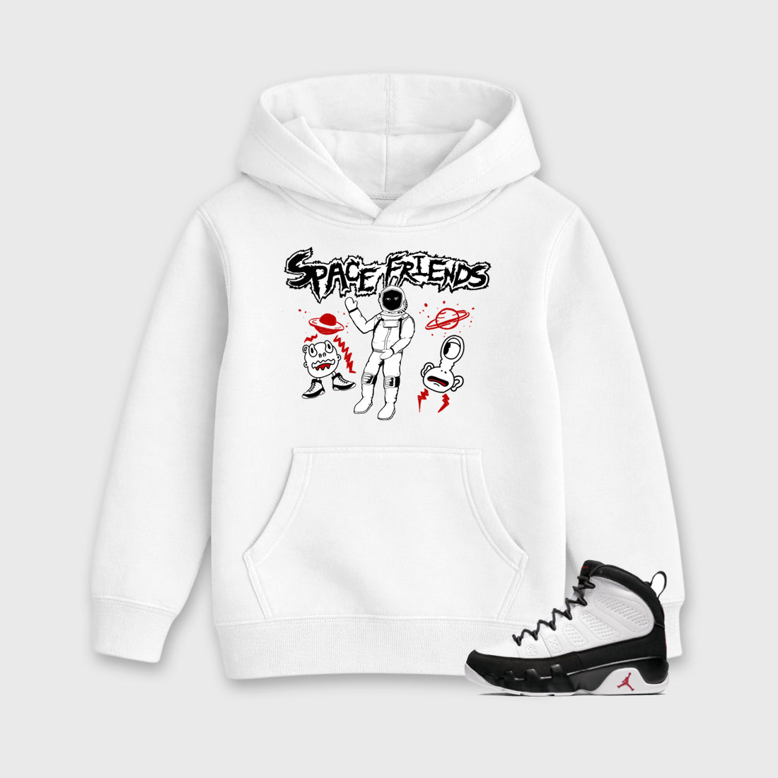 Space Friends Baby & Kids Graphic Hoodie featuring original artwork designed to match the Air Jordan 9 True Red. White 1 Kids Graphic Sweater.
