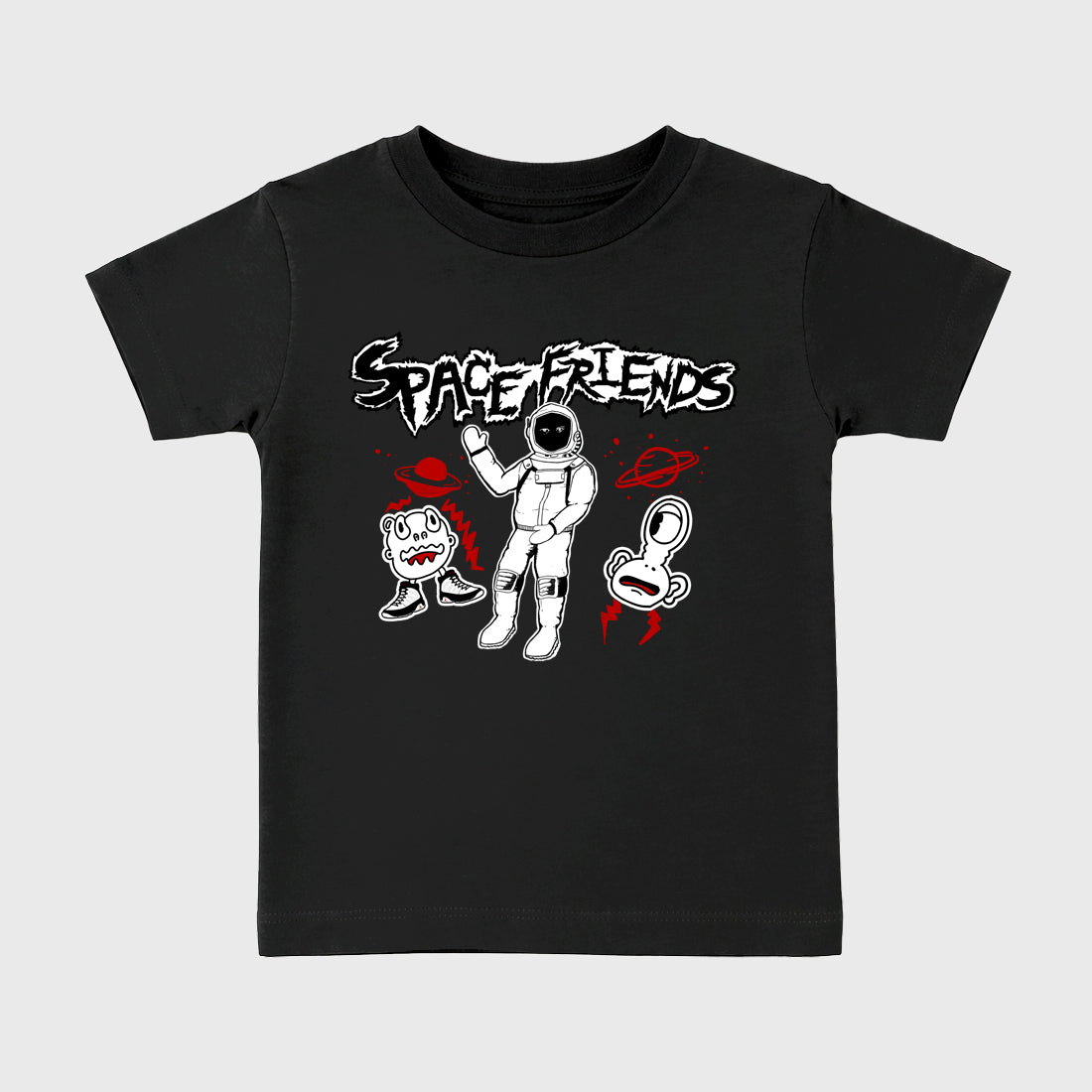 Space Friends Baby & Kids Graphic T-Shirt featuring original artwork designed to match the Air Jordan 9 True Red. Black 2 Kids Graphic Tee.