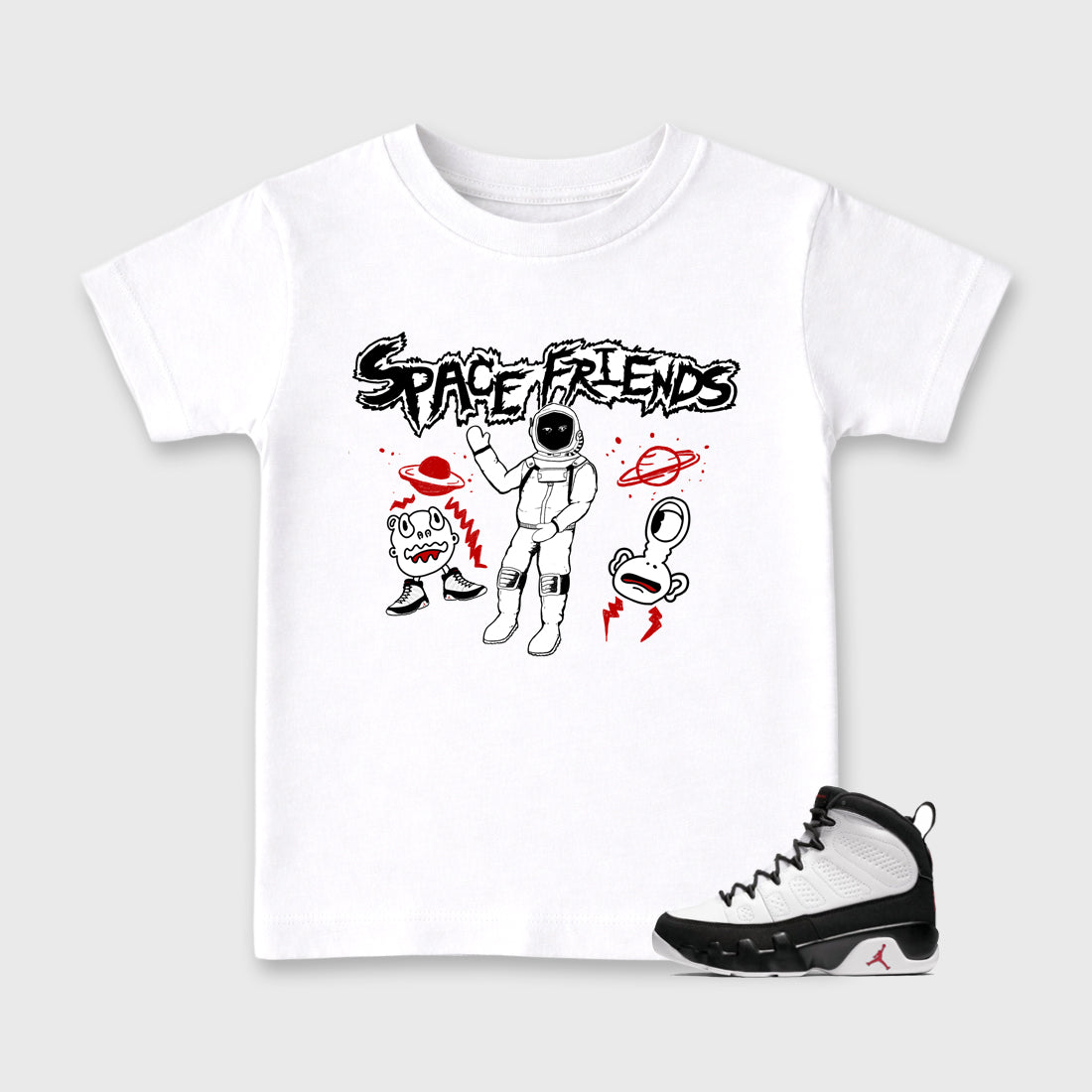 Space Friends Baby & Kids Graphic T-Shirt featuring original artwork designed to match the Air Jordan 9 True Red. White 1 Kids Graphic Tee.