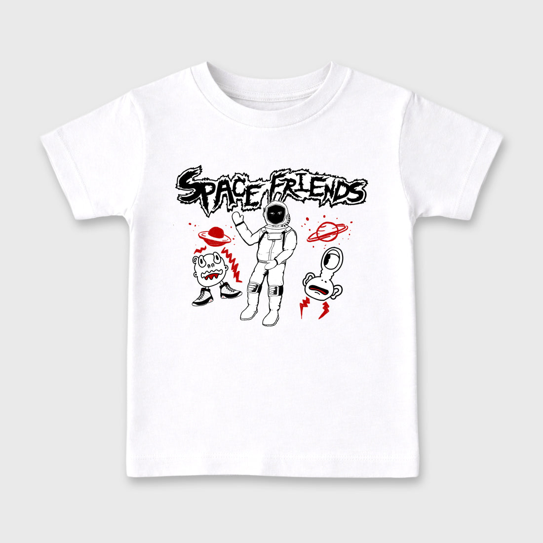 Space Friends Baby & Kids Graphic T-Shirt featuring original artwork designed to match the Air Jordan 9 True Red. White 2 Kids Graphic Tee.