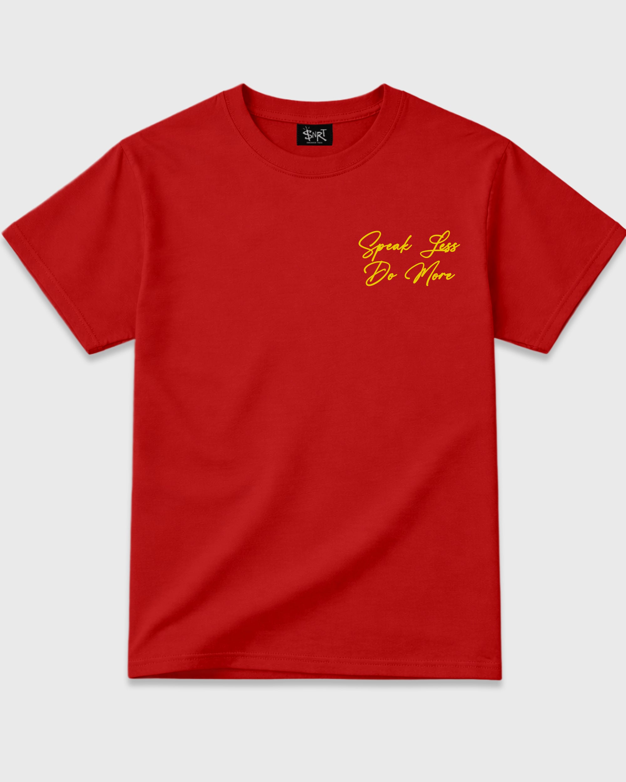 Speak Less Do More Red Graphic T-Shirt - 3, sneaker matching shirt designed to pair with Air Jordan 40 "14" Challenge Red and ferrari sneakers for a coordinated streetwear outfit.