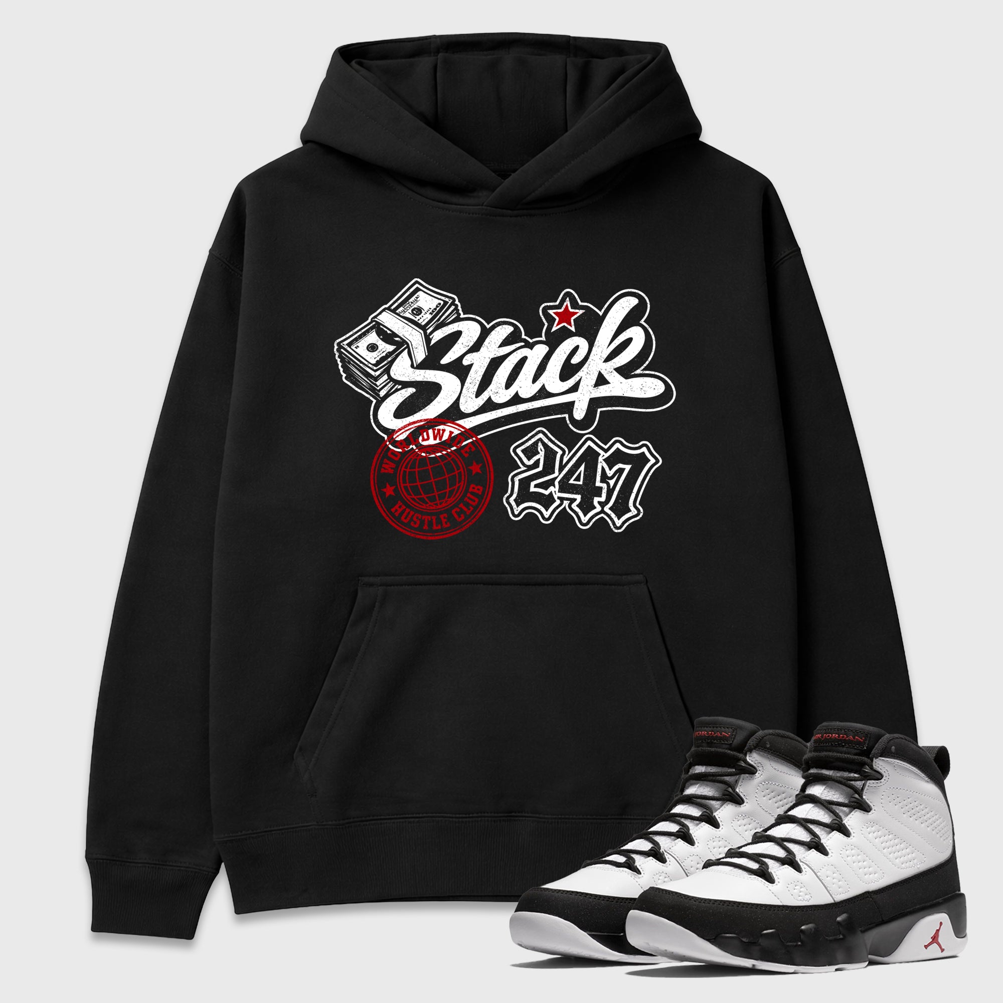 Stack 247 Graphic T-Shirt featuring original streetwear artwork designed to match the Air Jordan 9 True Red. Black 1 Graphic Tee.
