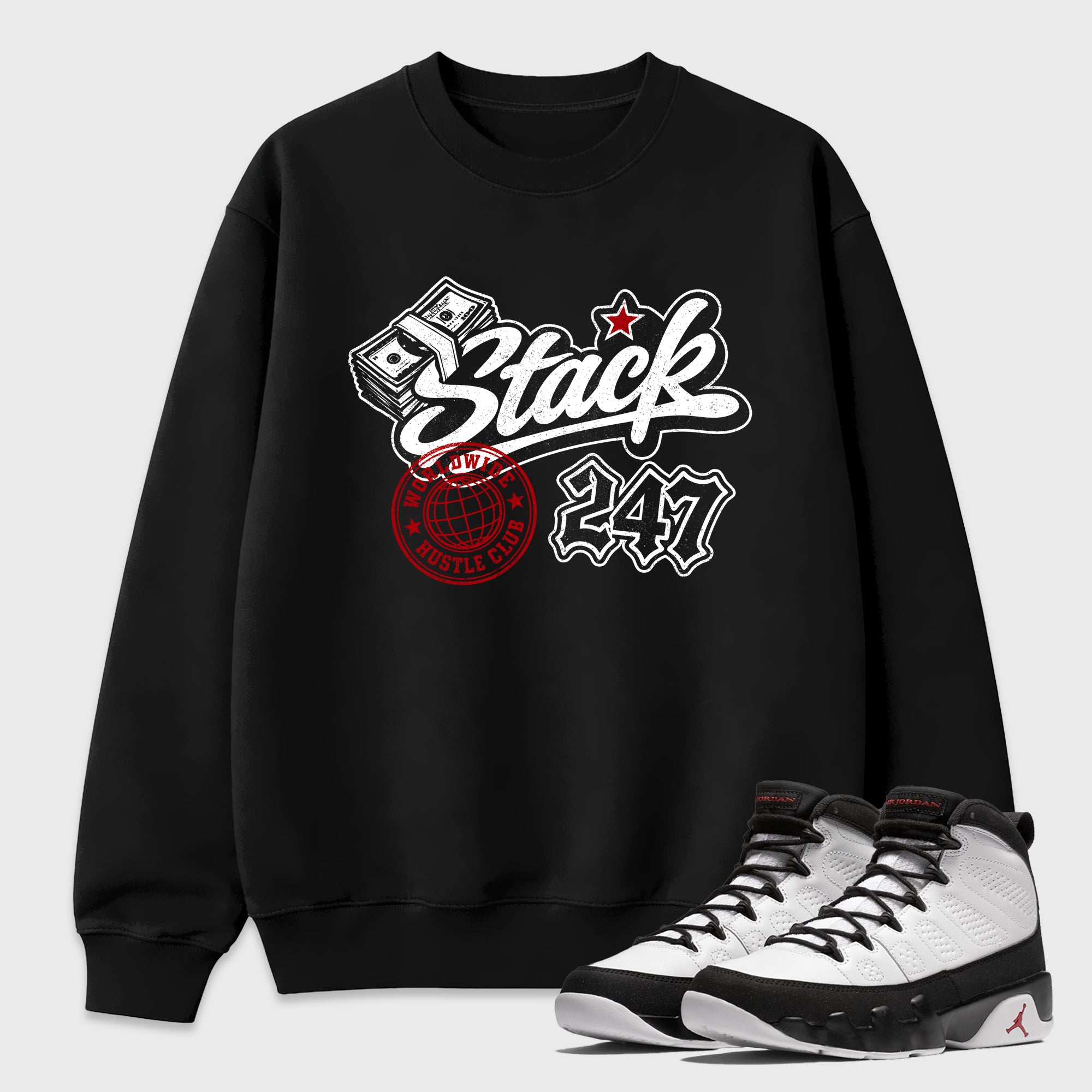 Stack 247 Graphic T-Shirt featuring original streetwear artwork designed to match the Air Jordan 9 True Red. Black 1 Graphic Tee.