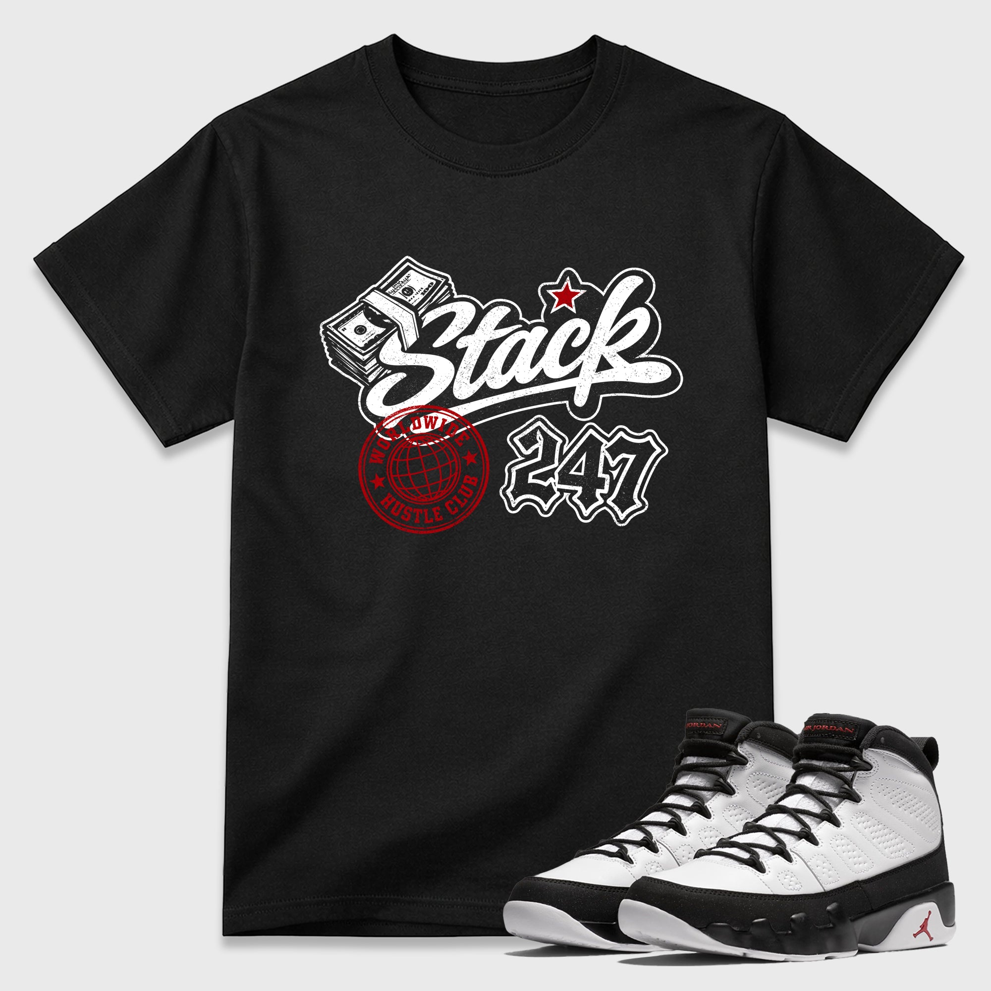 Stack 247 Graphic T-Shirt featuring original streetwear artwork designed to match the Air Jordan 9 True Red. Black 1 Graphic T-Shirt.