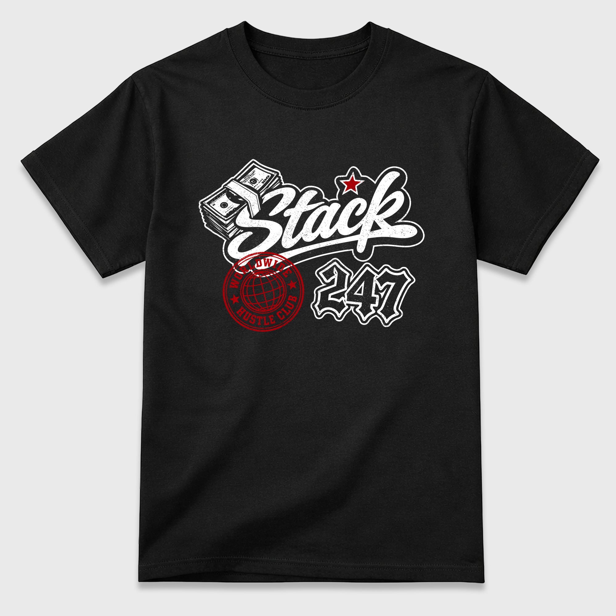 Stack 247 Graphic T-Shirt featuring original streetwear artwork designed to match the Air Jordan 9 True Red. Black 2 Graphic T-Shirt.