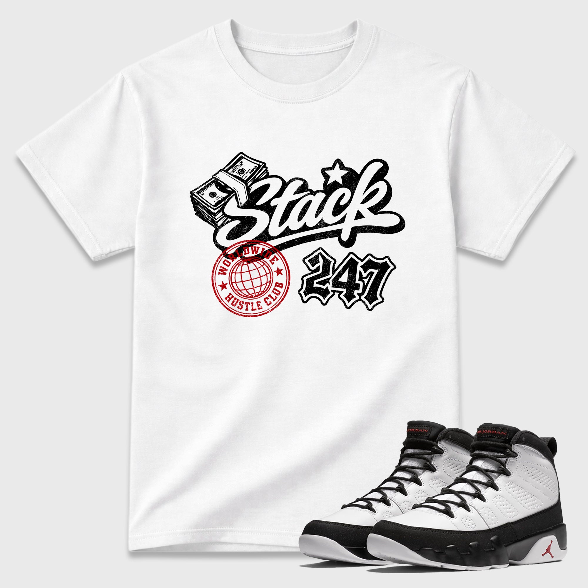 Stack 247 Graphic T-Shirt featuring original streetwear artwork designed to match the Air Jordan 9 True Red. White 1 Graphic T-Shirt.