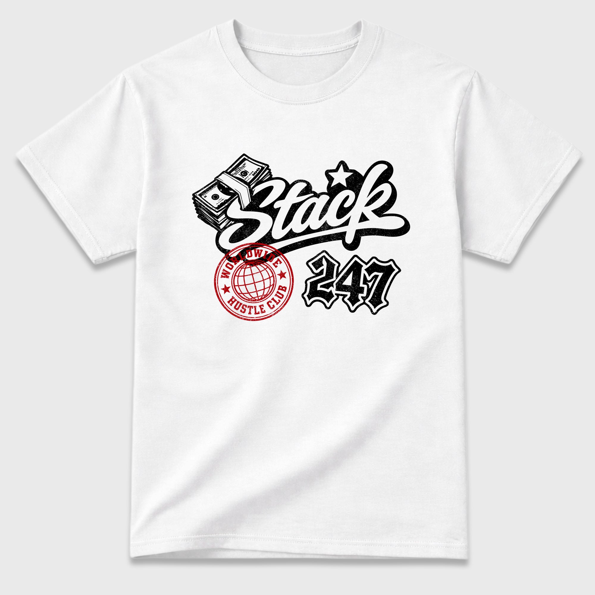 Stack 247 Graphic T-Shirt featuring original streetwear artwork designed to match the Air Jordan 9 True Red. White 2 Graphic T-Shirt.