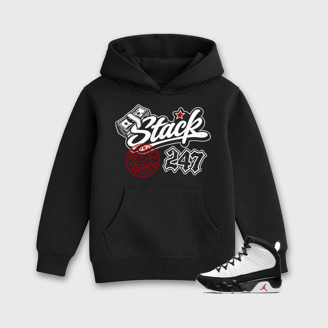 Stack 247 Baby & Kids Graphic Hoodie featuring original artwork designed to match the Air Jordan 9 True Red. Black 1 Kids Graphic Sweater.