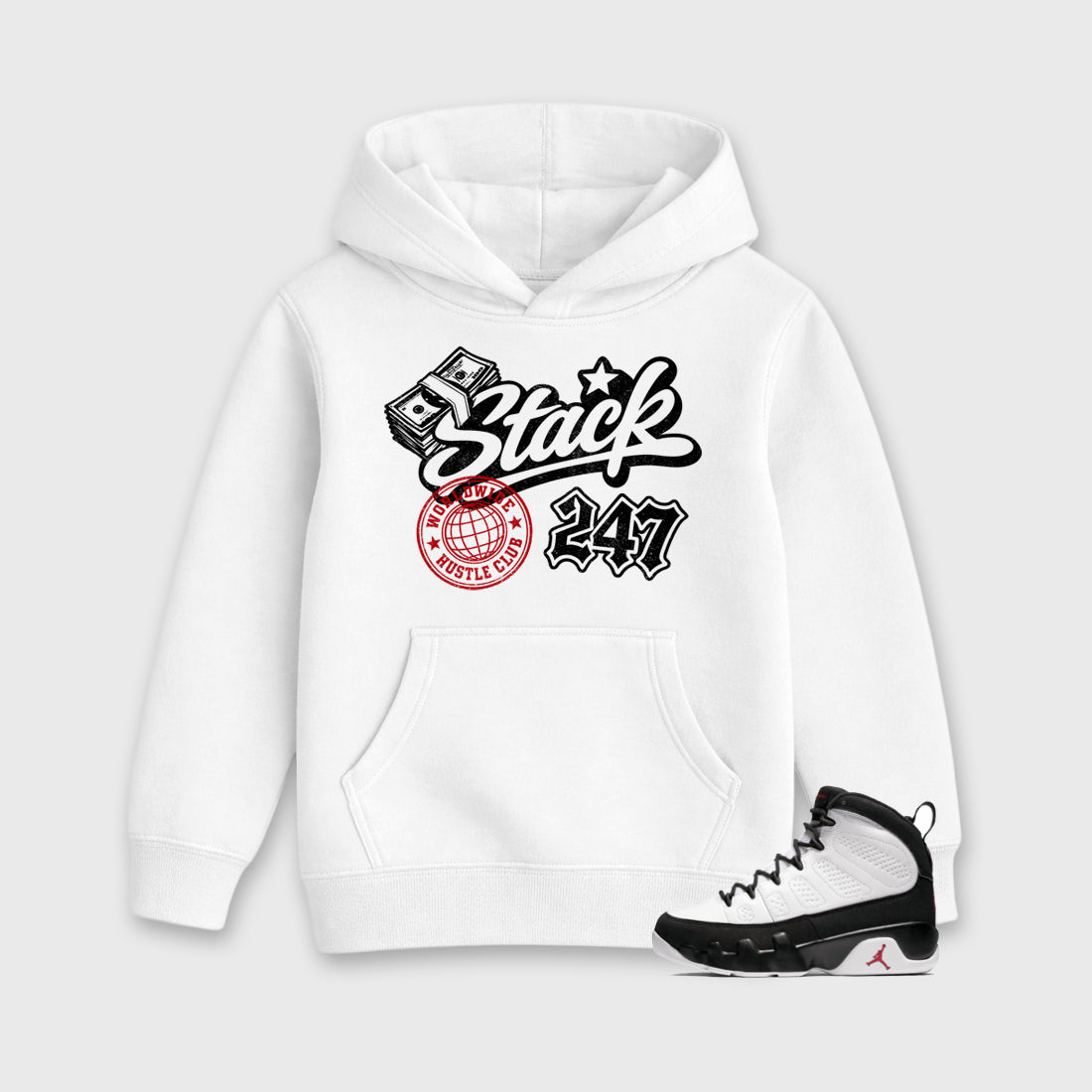 Stack 247 Baby & Kids Graphic Hoodie featuring original artwork designed to match the Air Jordan 9 True Red. White 1 Kids Graphic Sweater.
