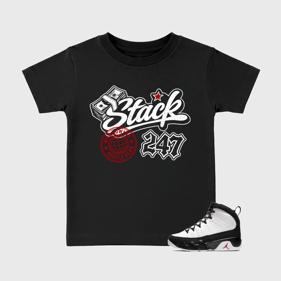 Stack 247 Baby & Kids Graphic T-Shirt featuring original artwork designed to match the Air Jordan 9 True Red. Black 1 Kids Graphic Tee.