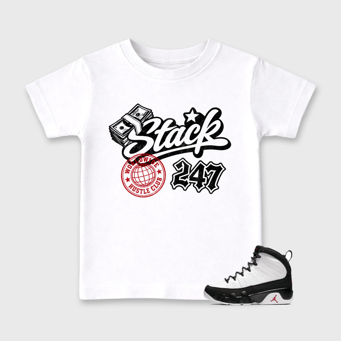 Stack 247 Baby & Kids Graphic T-Shirt featuring original artwork designed to match the Air Jordan 9 True Red. White 1 Kids Graphic Tee.