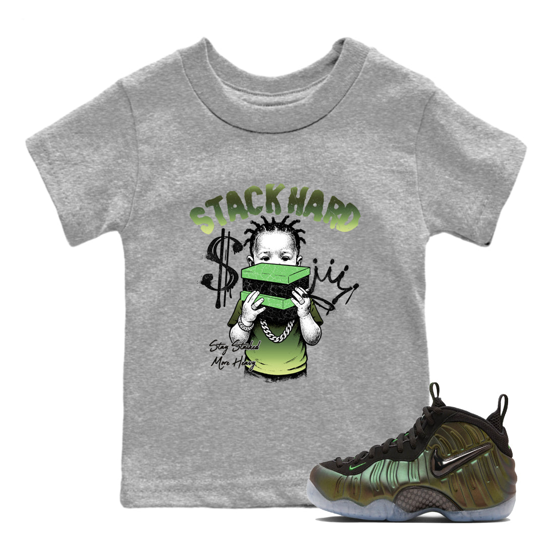Best Christmas gifts for sneakerheads - Sneaker Tees To Match Air Foamposite One Pine Green Sneakers – Stack Hard Kids T-Shirt Heather Grey 1