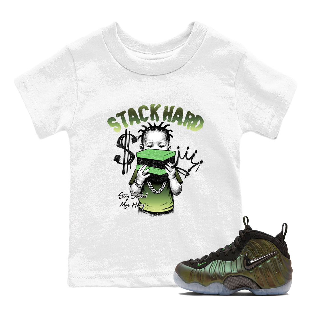 Best Christmas gifts for sneakerheads - Sneaker Tees To Match Air Foamposite One Pine Green Sneakers – Stack Hard Kids T-Shirt White 1