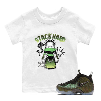 Best Christmas gifts for sneakerheads - Sneaker Tees To Match Air Foamposite One Pine Green Sneakers – Stack Hard Kids T-Shirt White 1