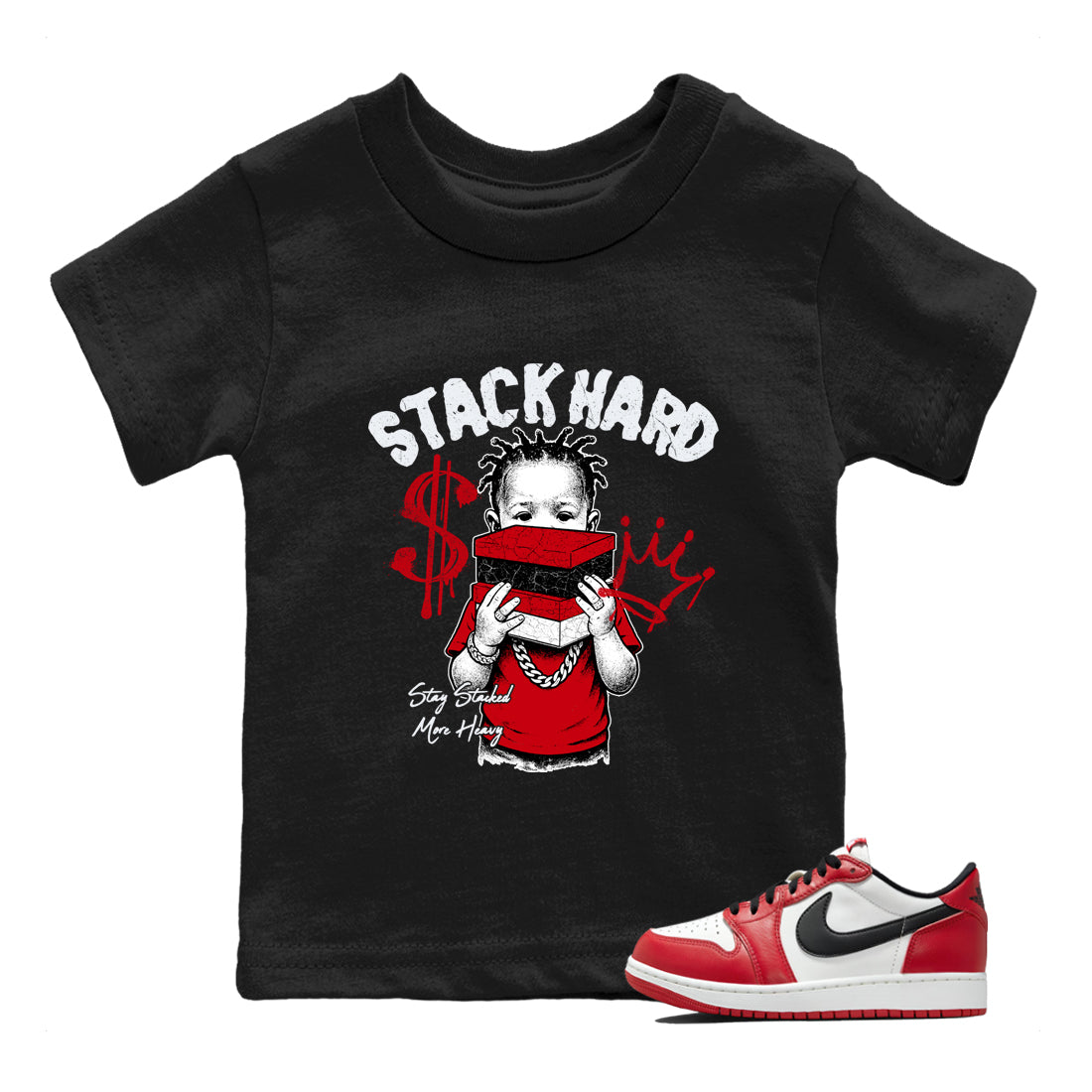 Sneaker match tees – Sneaker Tees To Match Air Jordan 1 Chicago Shoes – Stack Hard Kids T-Shirt Black 1
