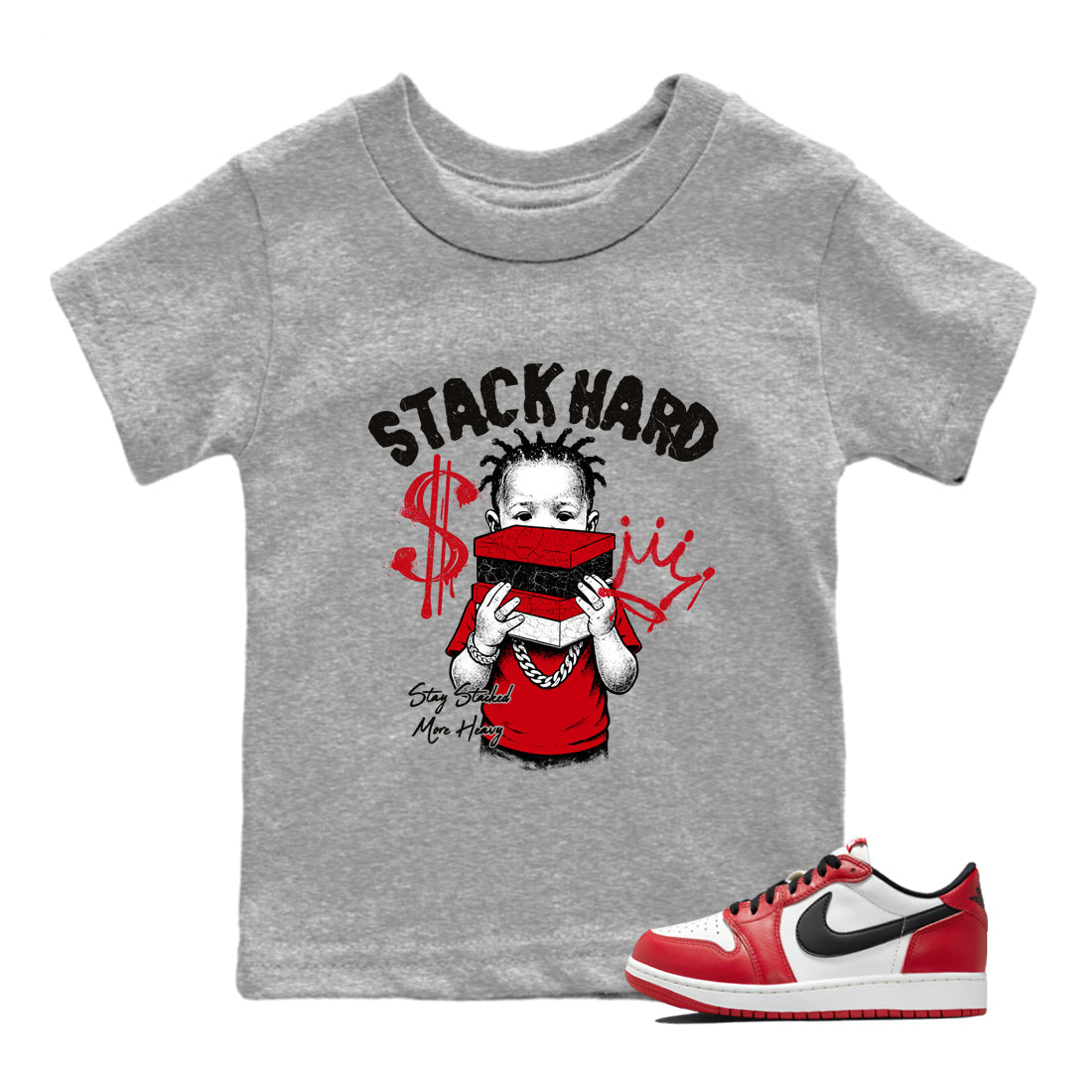 Sneaker match tees – Sneaker Tees To Match Air Jordan 1 Chicago Shoes – Stack Hard Kids T-Shirt Heather Grey 1