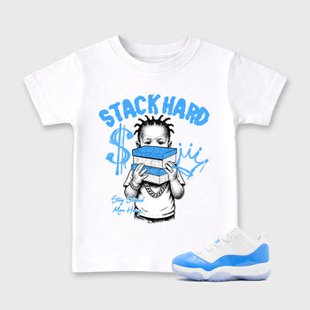Sneaker match tees – Sneaker Tees To Match Air Jordan 11 University Blue Shoes – Stack Hard Kids T-Shirt White 1