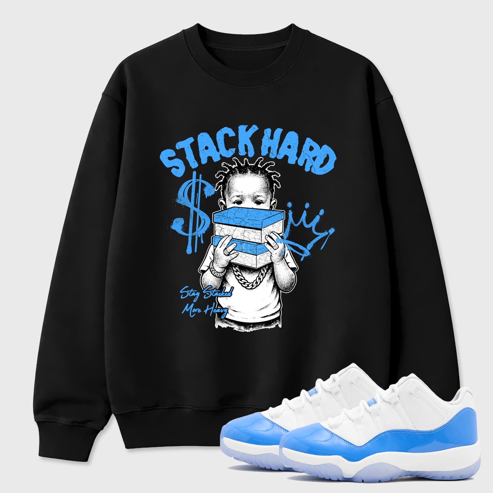 Sneaker match tees – Sneaker Tees To Match Air Jordan 11 University Blue Shoes – Stack Hard Tee Black 1
