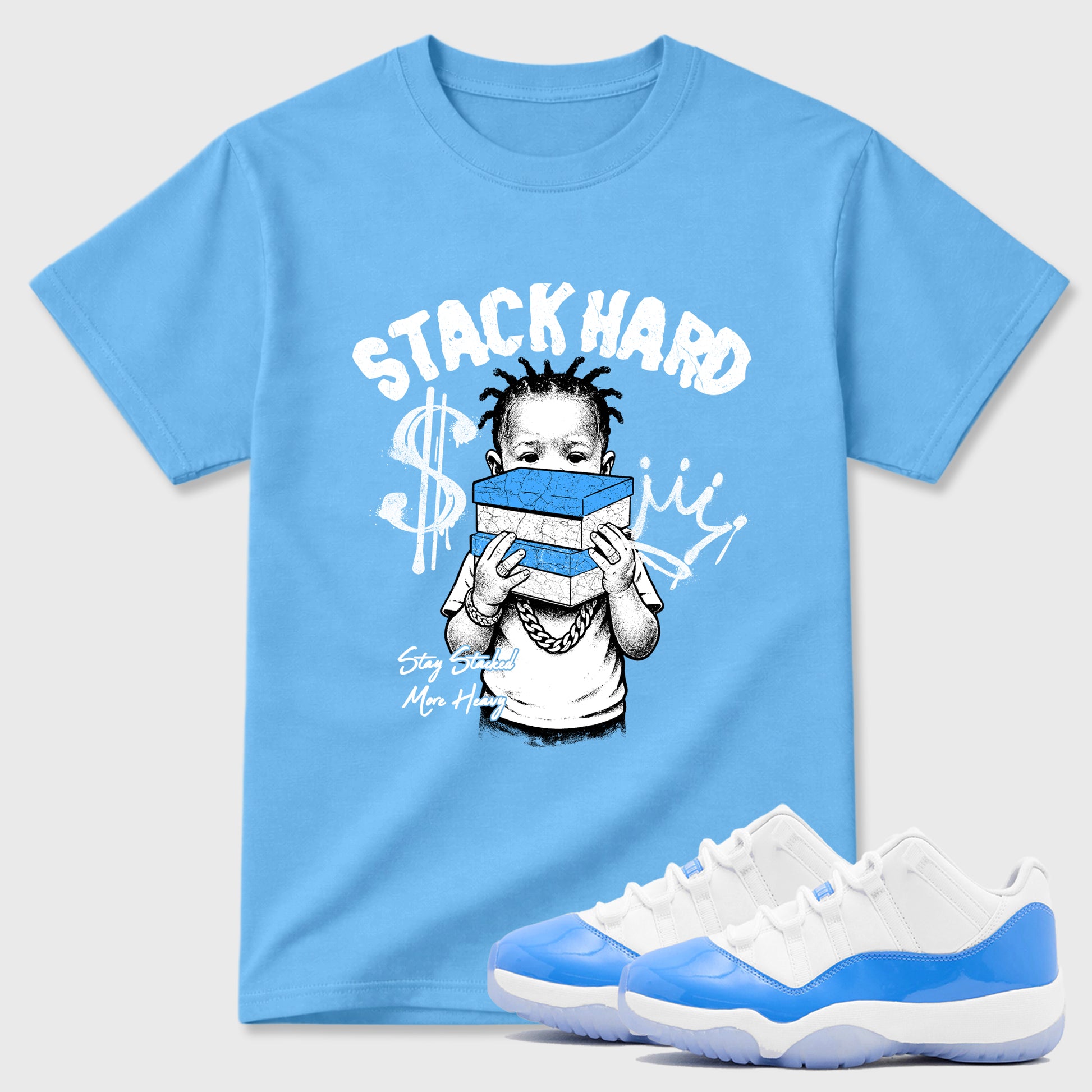 Sneaker match tees – Sneaker Tees To Match Air Jordan 11 University Blue Shoes – Stack Hard Tee Carolina Blue 1