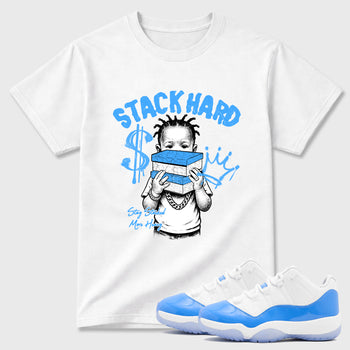 Sneaker match tees – Sneaker Tees To Match Air Jordan 11 University Blue Shoes – Stack Hard Tee White 1