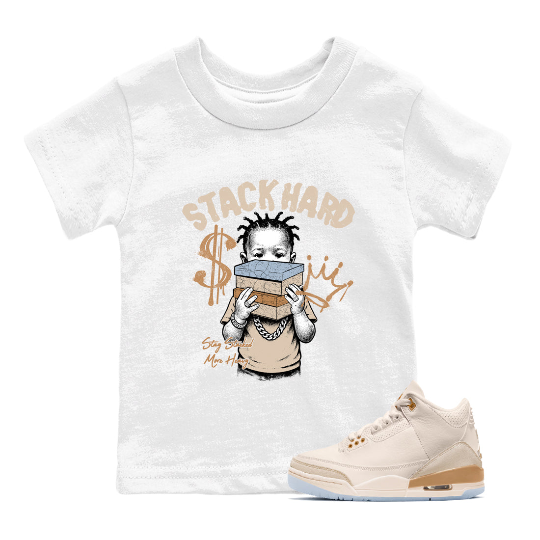 Sneaker match tees – Sneaker Tees To Match Air Jordan 3 Champagne and Oysters Shoes – Stack Hard Kids T-Shirt White 1
