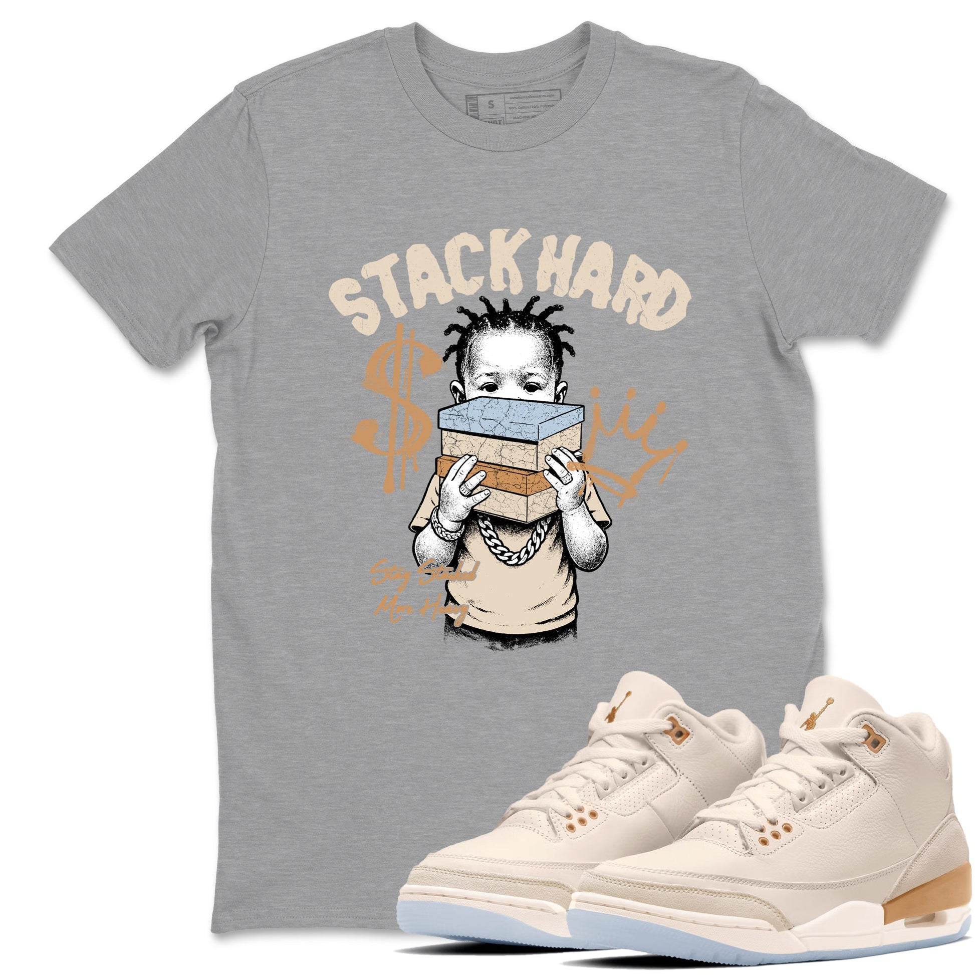 Sneaker match tees – Sneaker Tees To Match Air Jordan 3 Champagne and Oysters Shoes – Stack Hard Tee Heather Grey 1