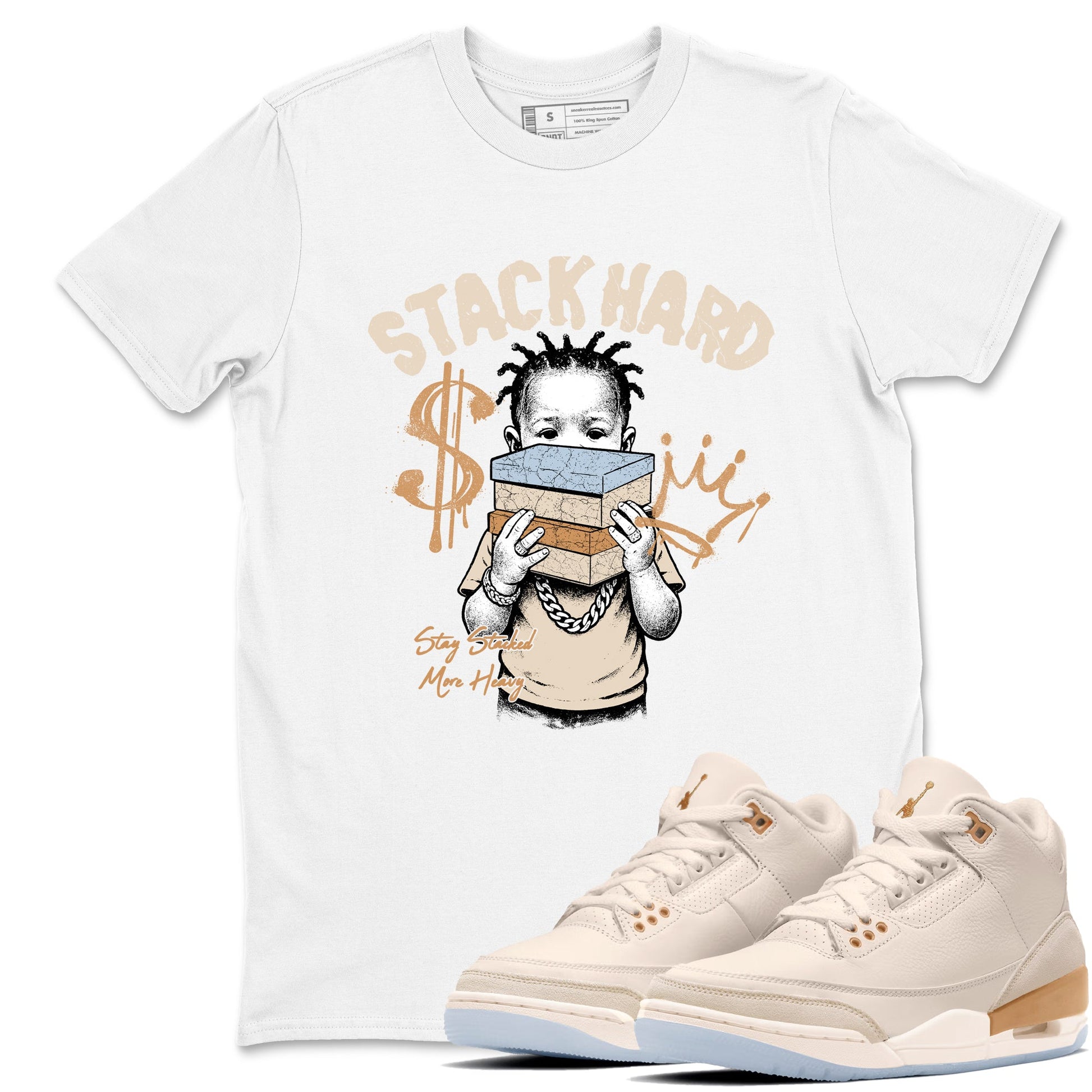 Sneaker match tees – Sneaker Tees To Match Air Jordan 3 Champagne and Oysters Shoes – Stack Hard Tee White 1