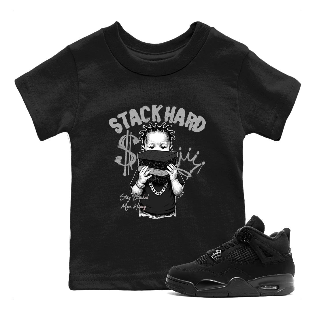 Sneaker match tees – Sneaker Tees To Match Air Jordan 4 Black Cat Shoes – Stack Hard Kids T-Shirt Black 1