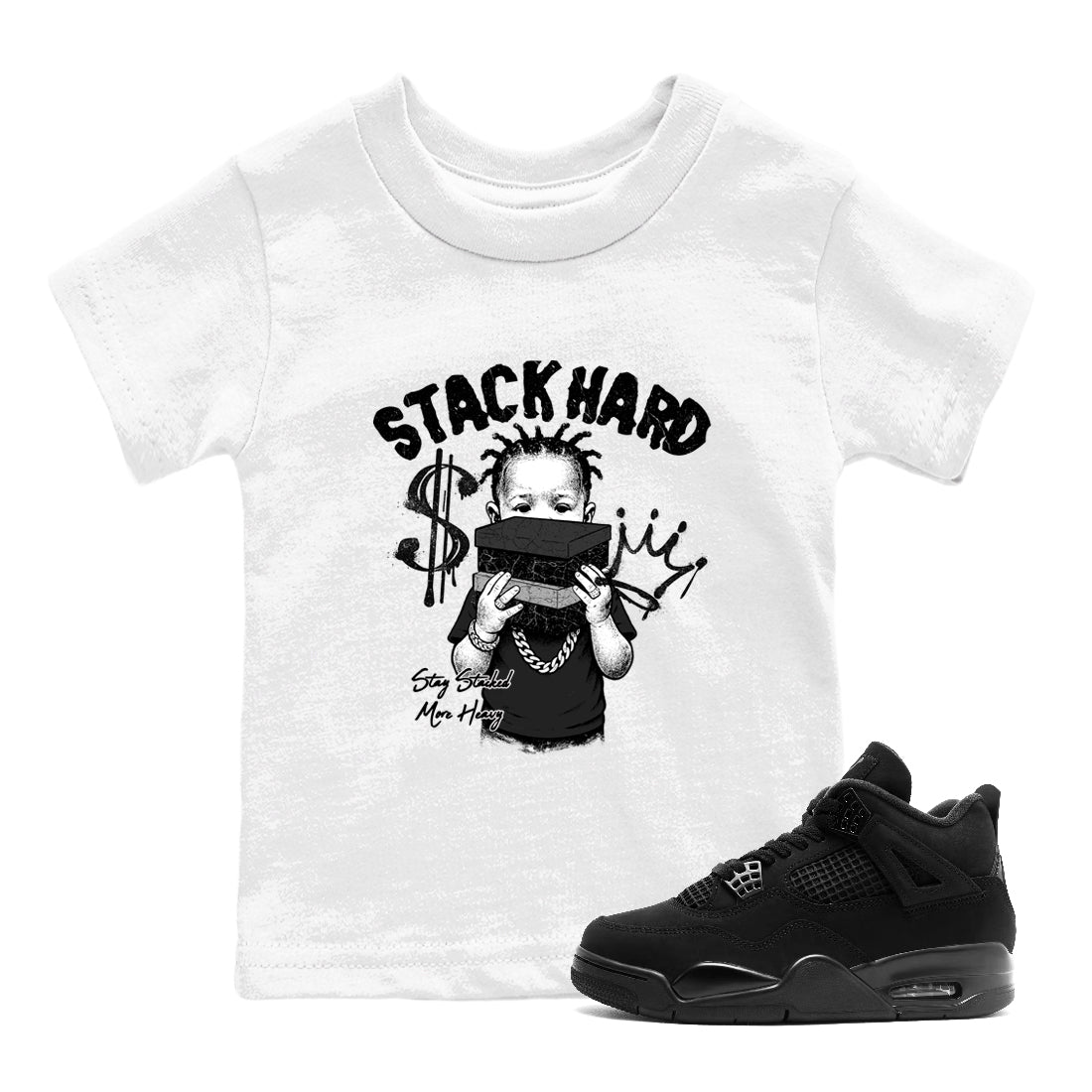 Sneaker match tees – Sneaker Tees To Match Air Jordan 4 Black Cat Shoes – Stack Hard Kids T-Shirt White 1